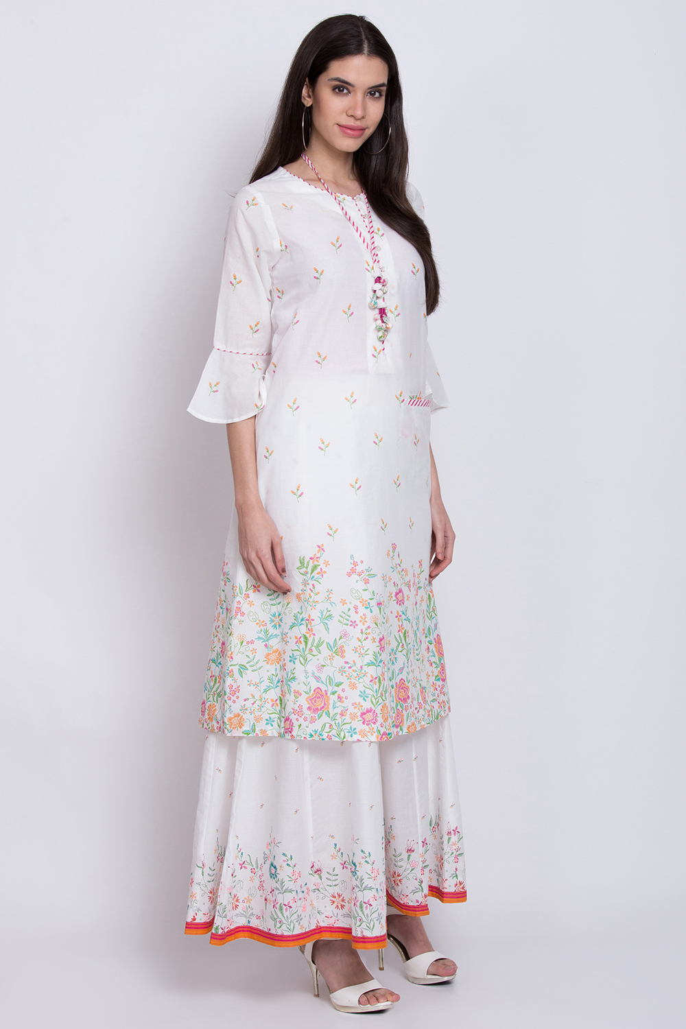 White Cotton A-Line Printed Kurta image number 4