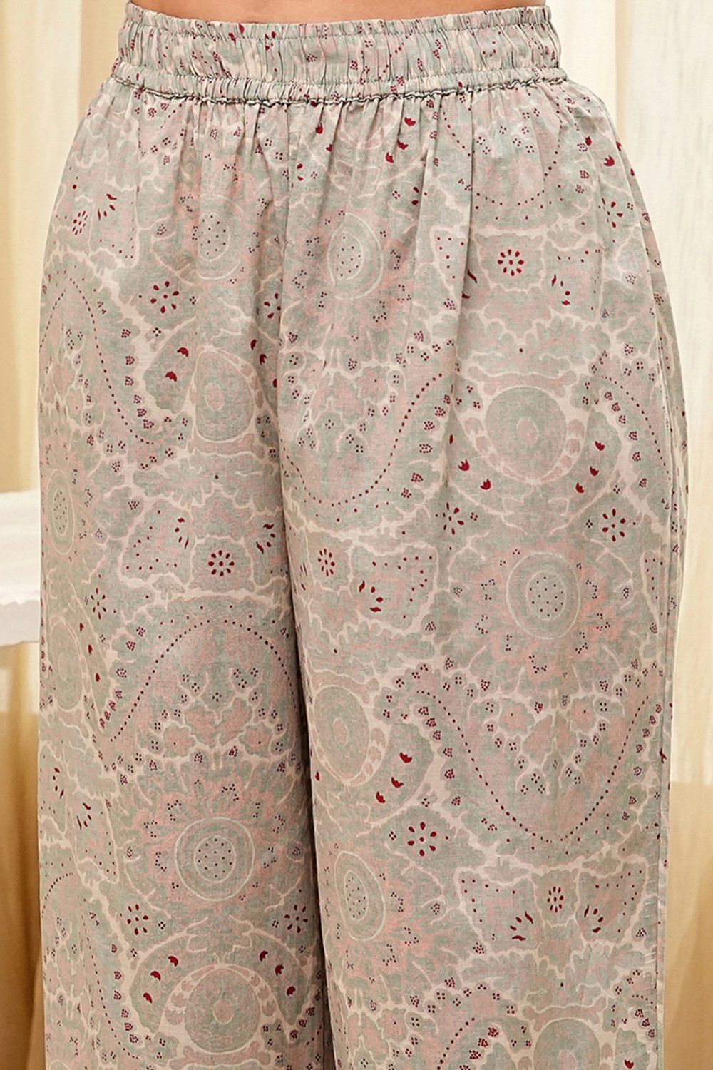 Beige and Green Cotton Angrakha Anarkali Kurta Set image number 2