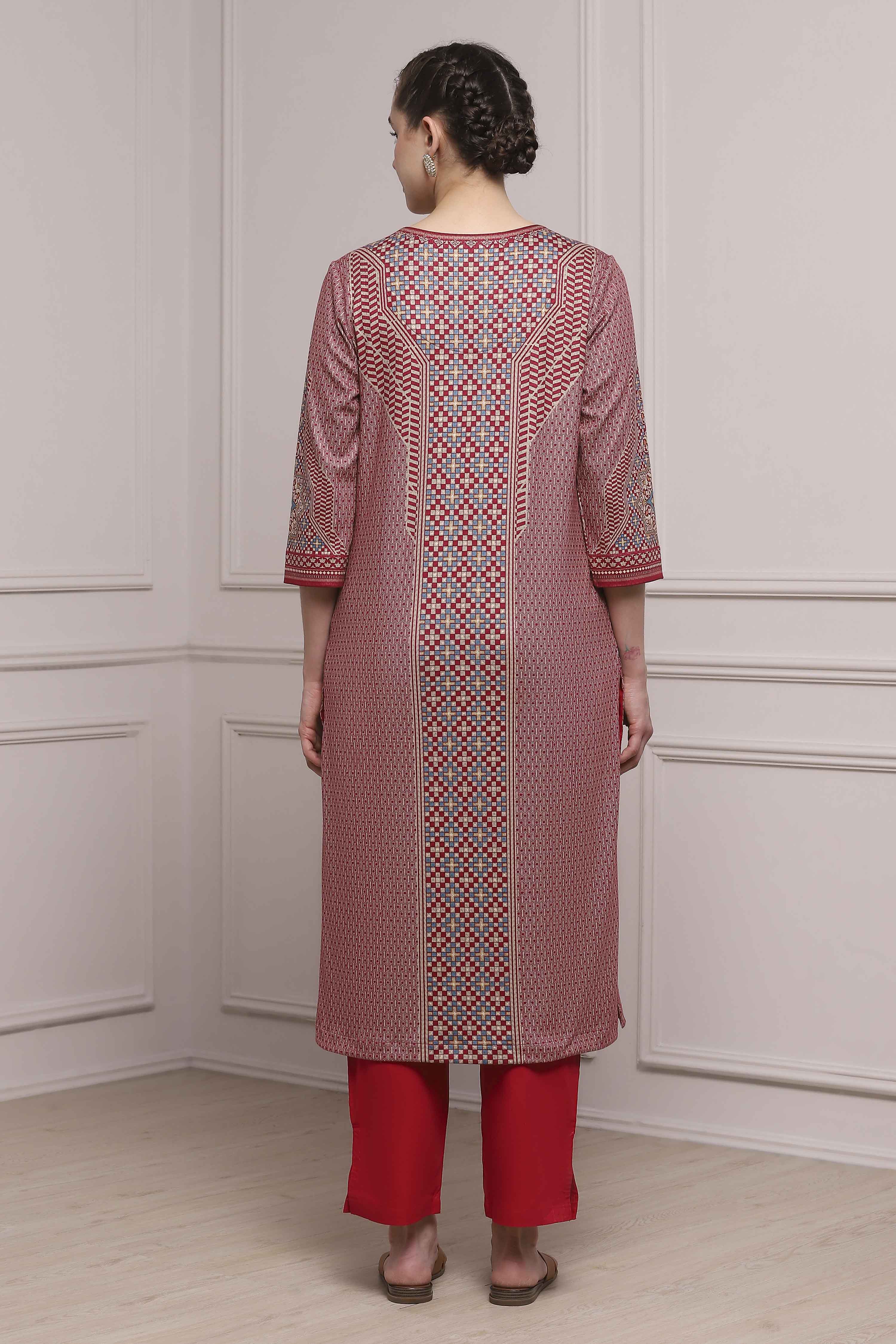 Blue Polyester Straight Printed Kurta image number 3