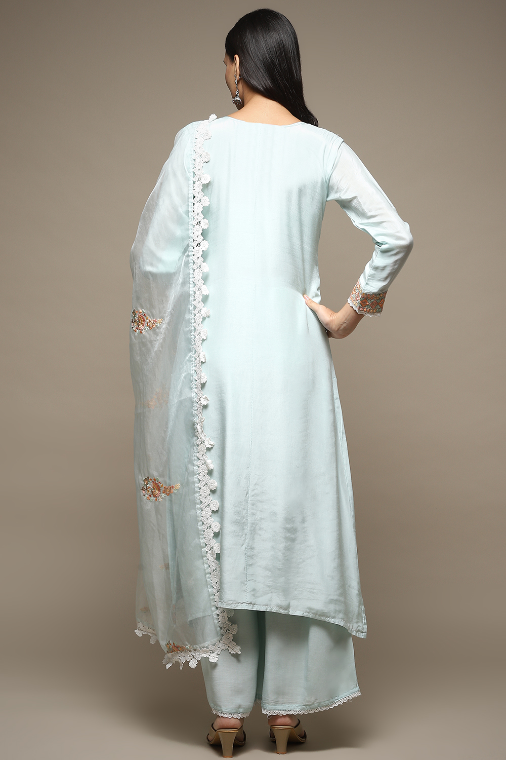 Light Blue Muslin Lace Unstitched Suit Set image number 5