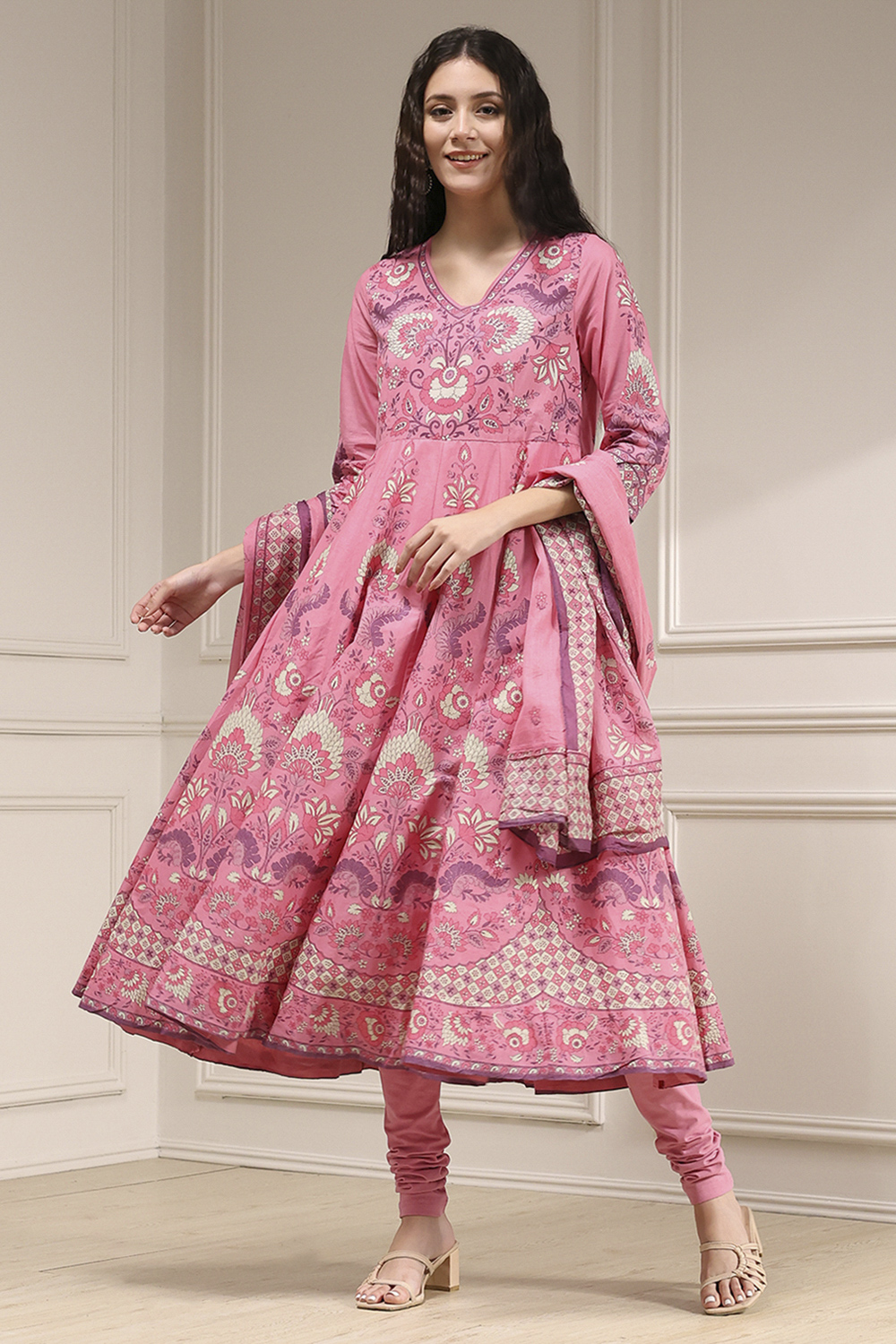 Light Pink Cotton Printed Anarkali Suit Set image number 0