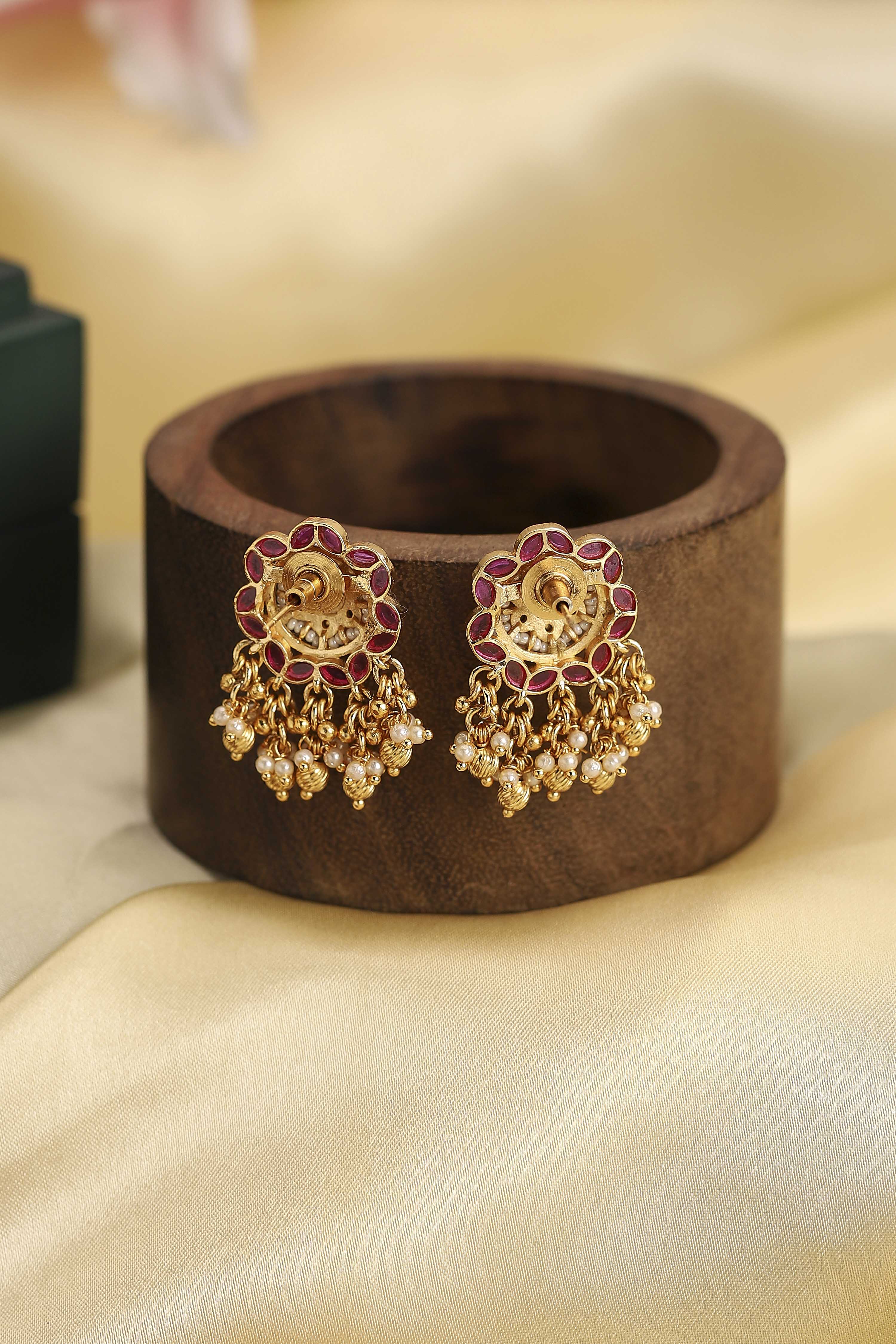 Pink Gold Plated Brass Studded Drop Earrings image number 2