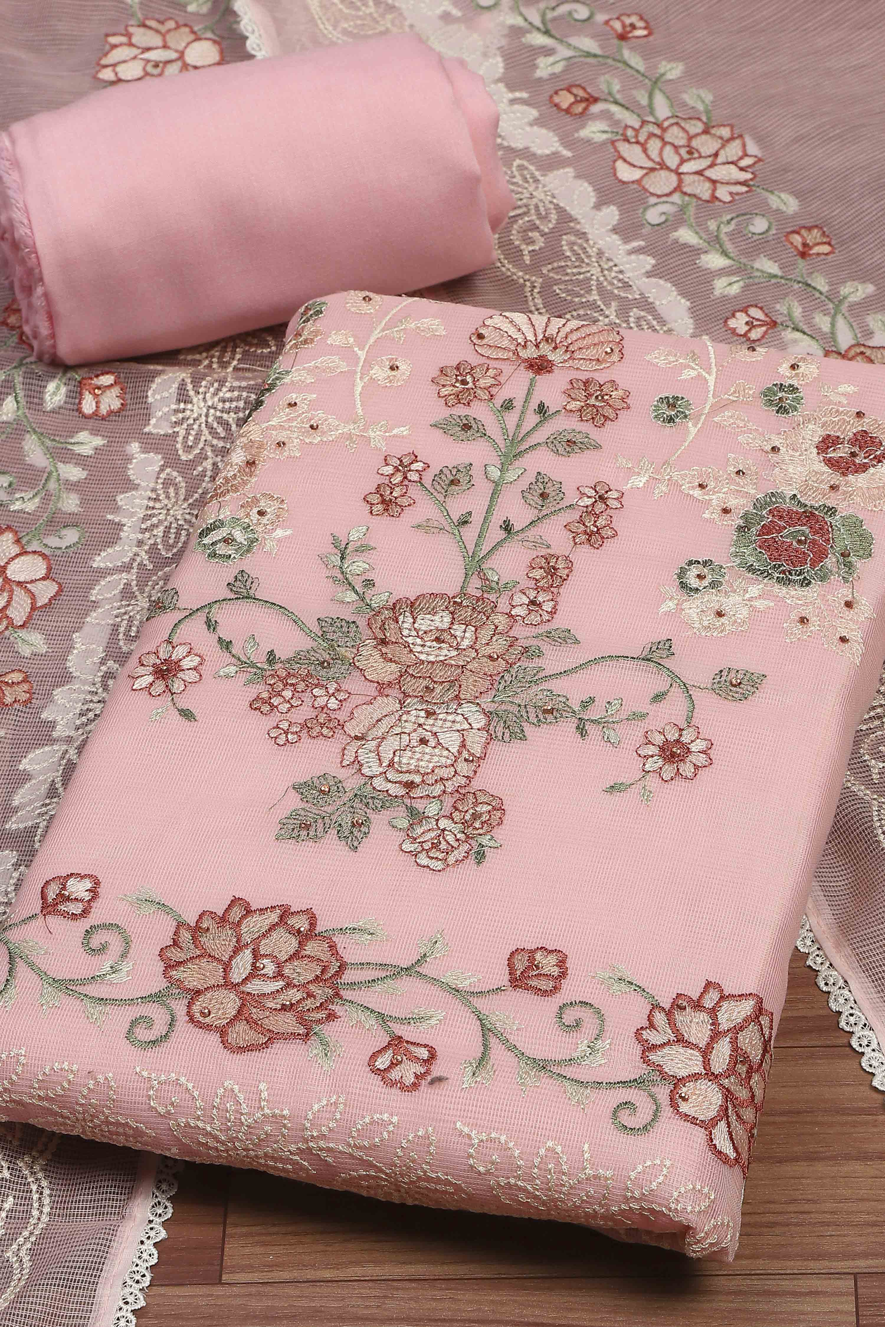Pink Supernet Unstitched Suit Set image number 1