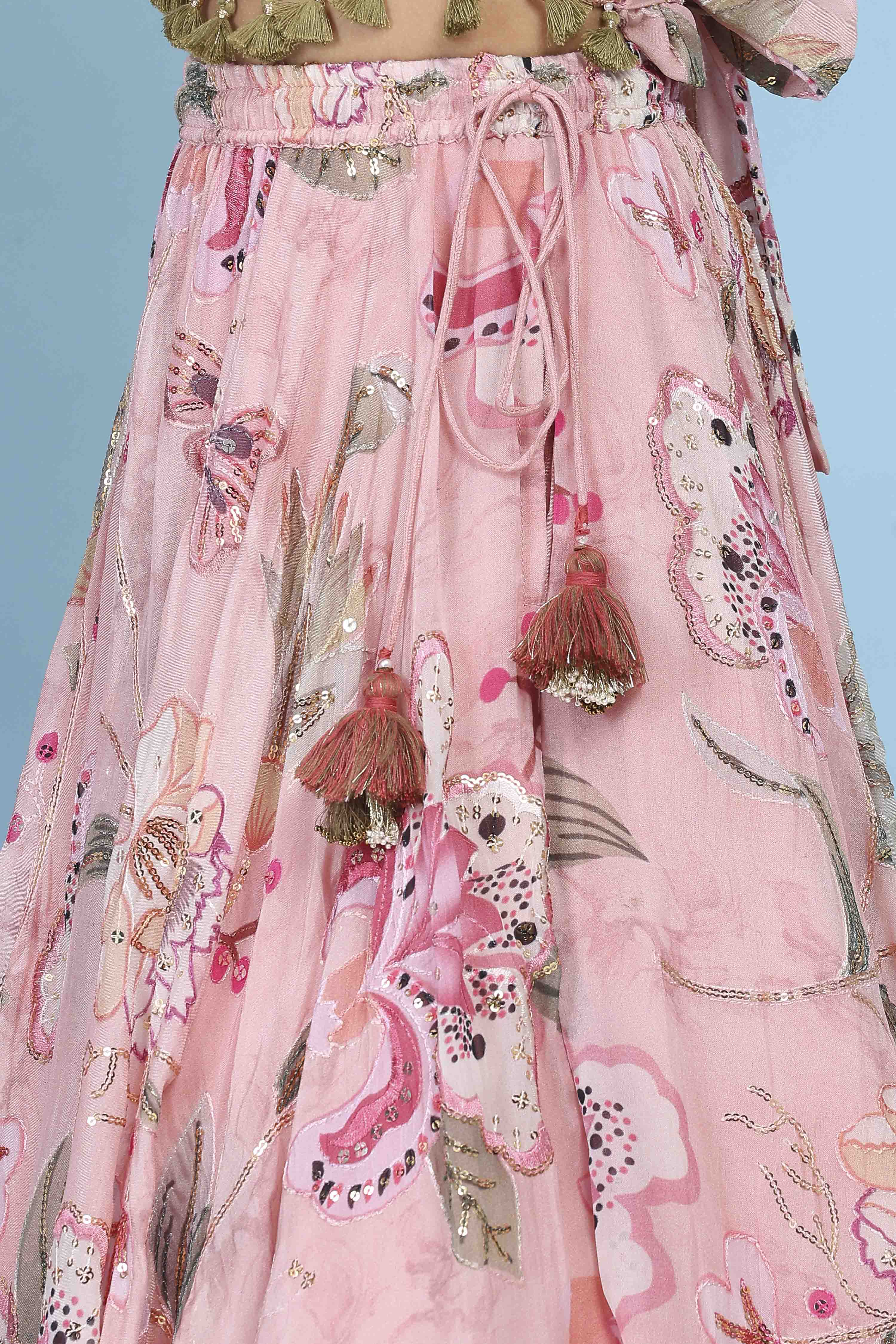 Pink Viscose Organza Floral Mirror Work Lehenga Set image number 2