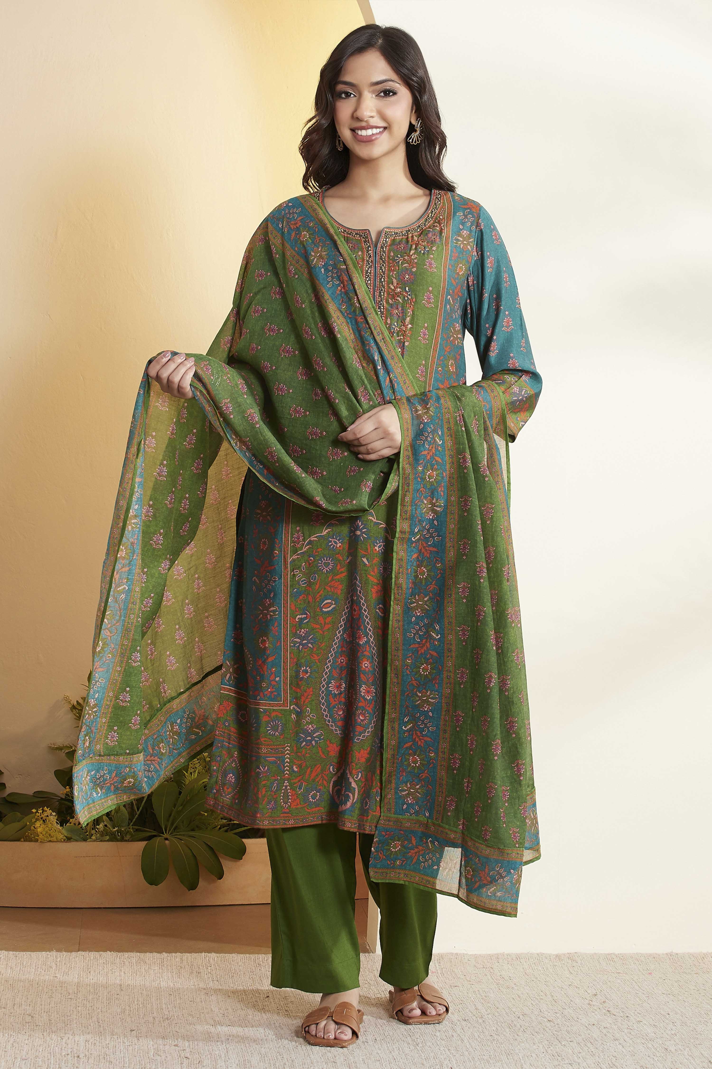 Teal & Red Printed Straight Cotton Silk Kurta Set image number 7