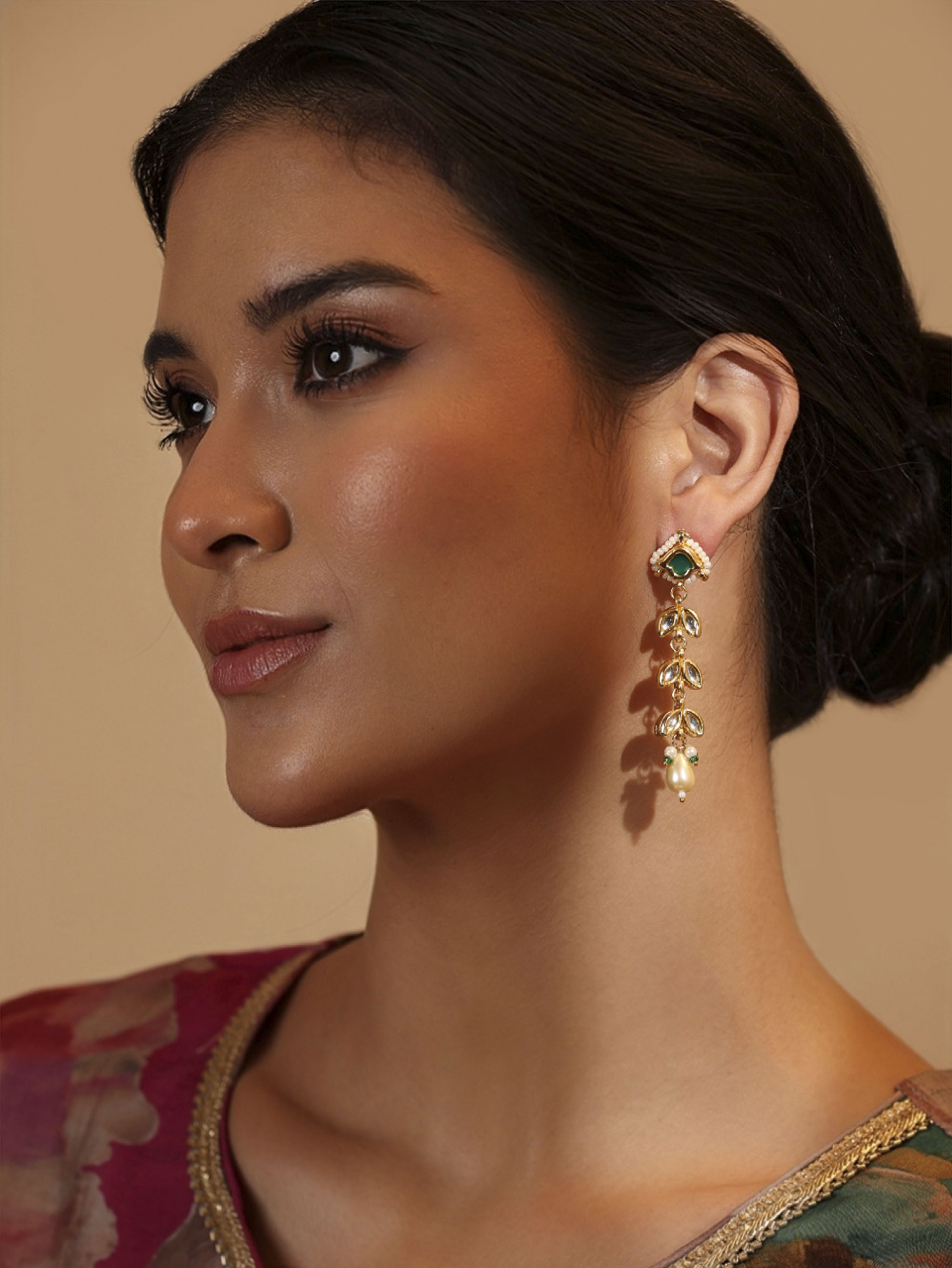 Green Gold Plated Brass Drop Studded Earrings image number 3