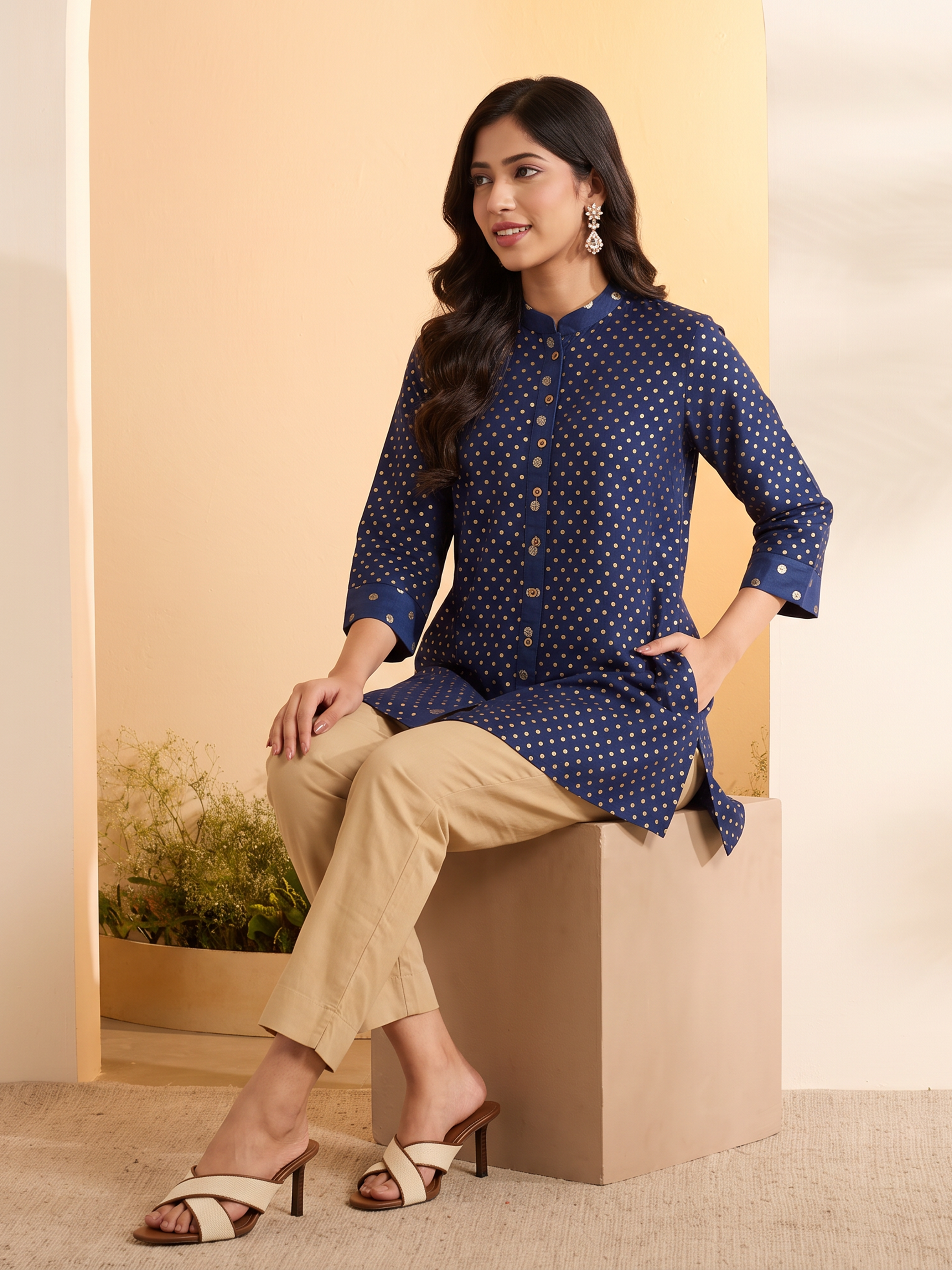 Blue Polka Dot A-Line Shirt-Style Kurti image number 0