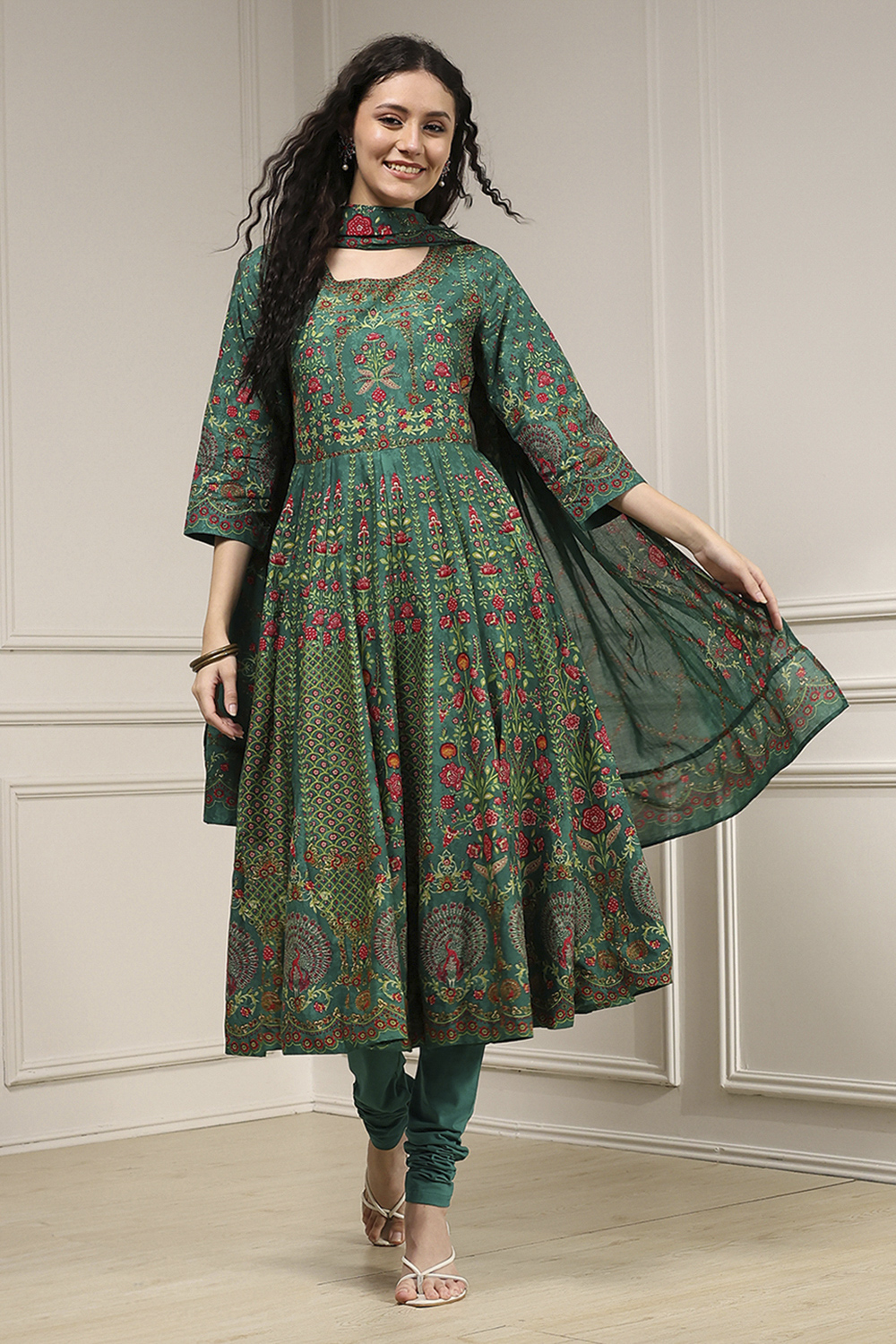 Off White Cotton Anarkali Printed Lehenga Set image number 0