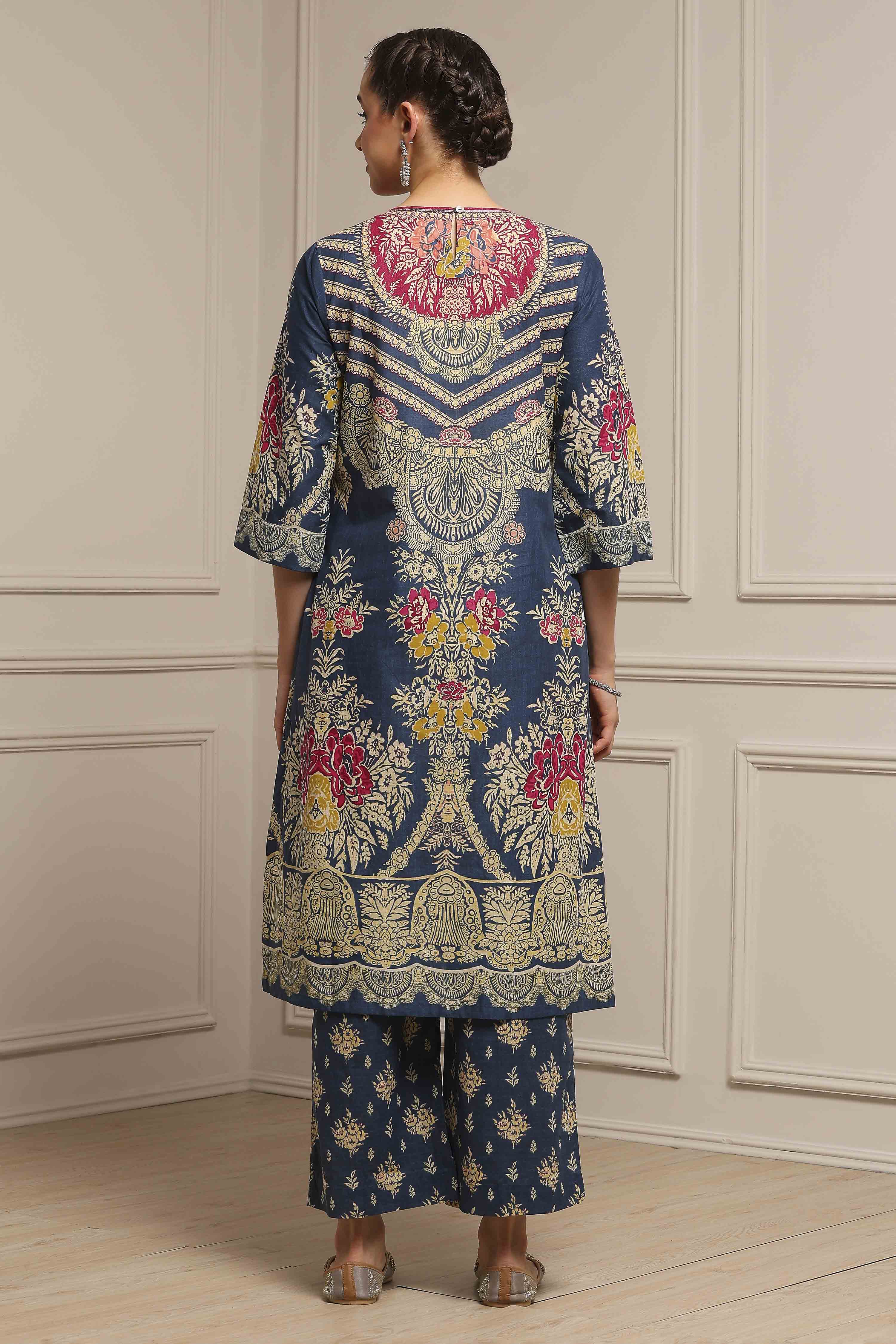Blue Cotton Straight Printed Suit Set image number 4