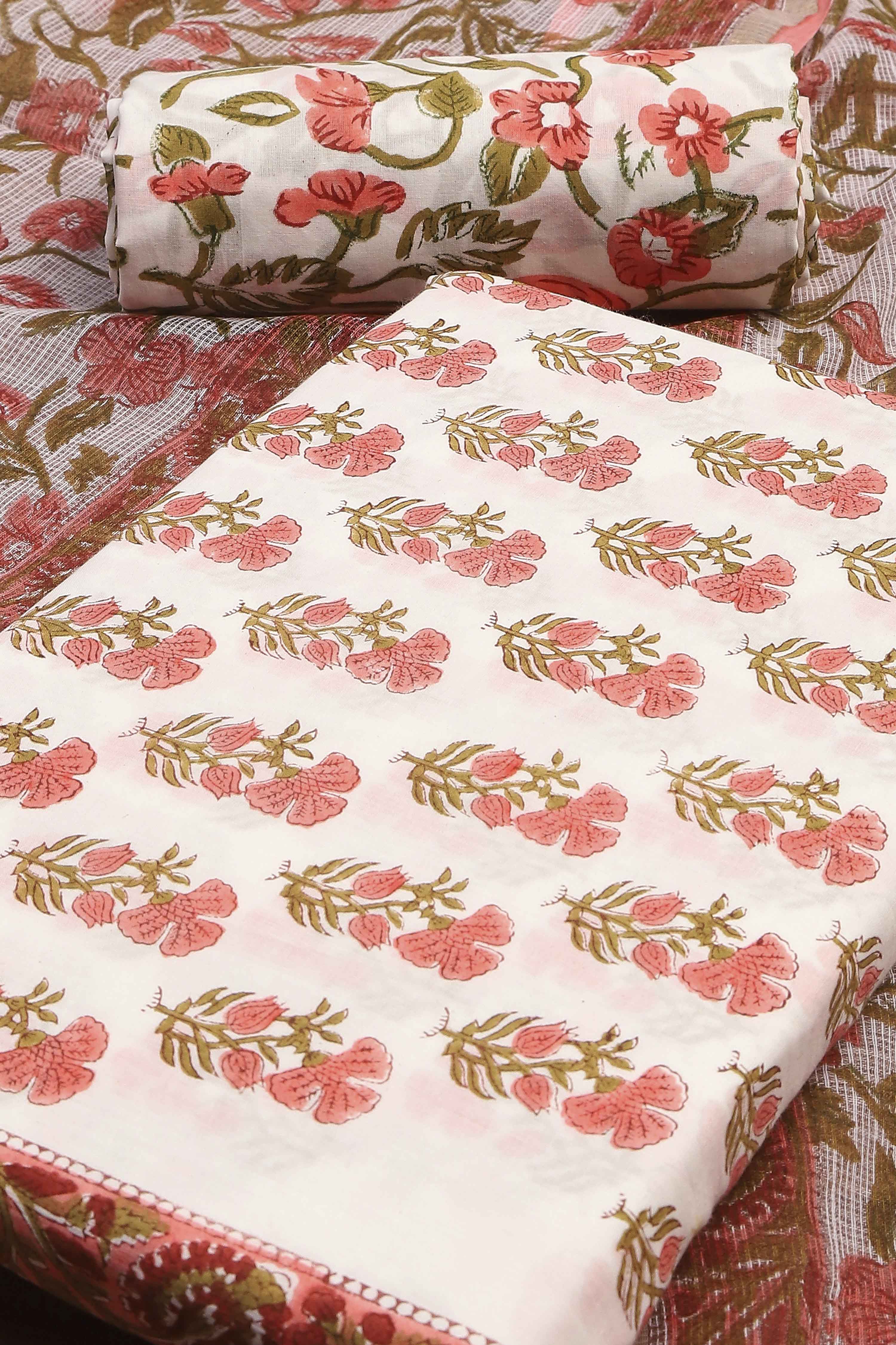 Pink Cotton Printed Embroidered Unstitched Suit Set image number 1