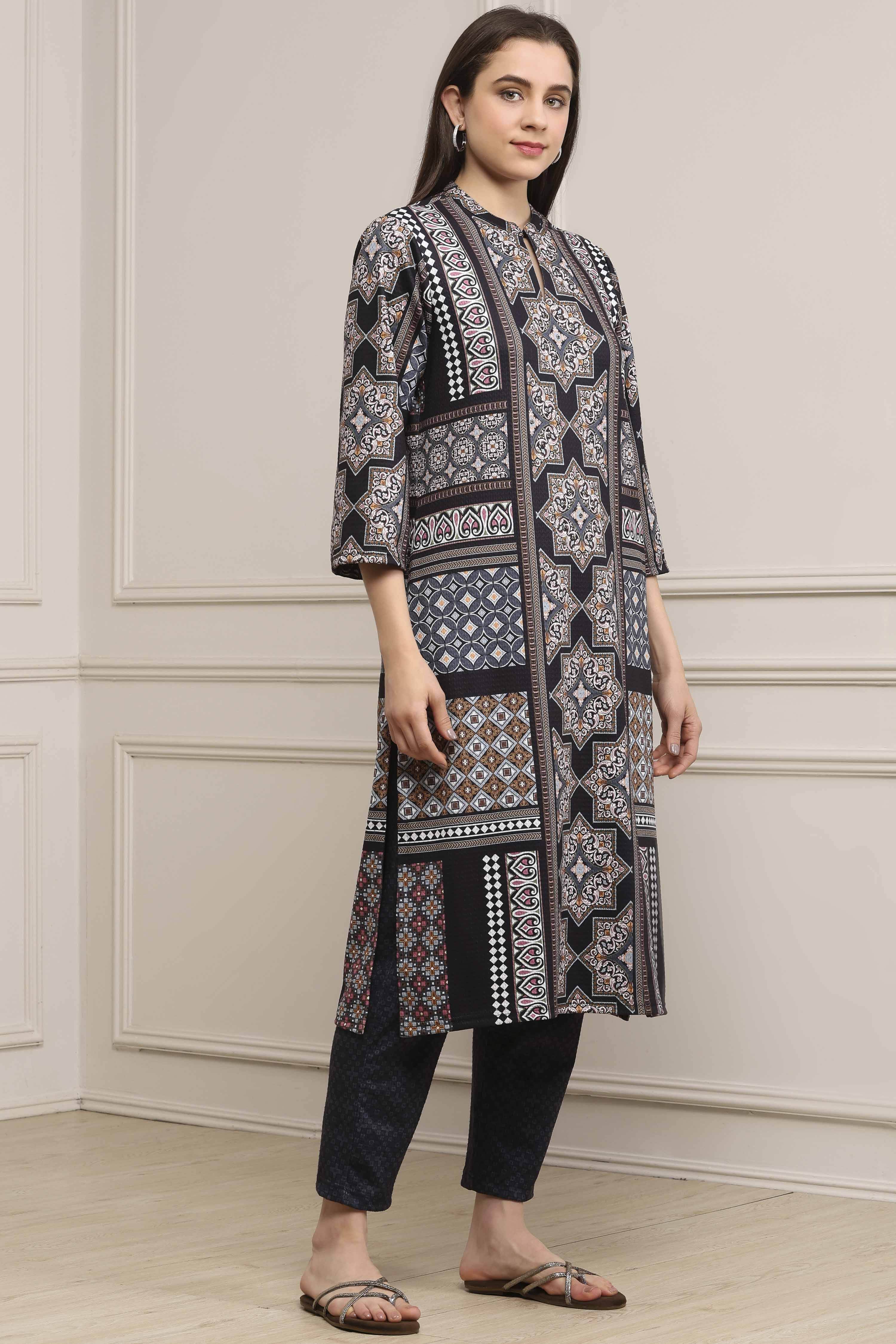 Black Polyester Printed Straight Kurta Pants Set image number 5