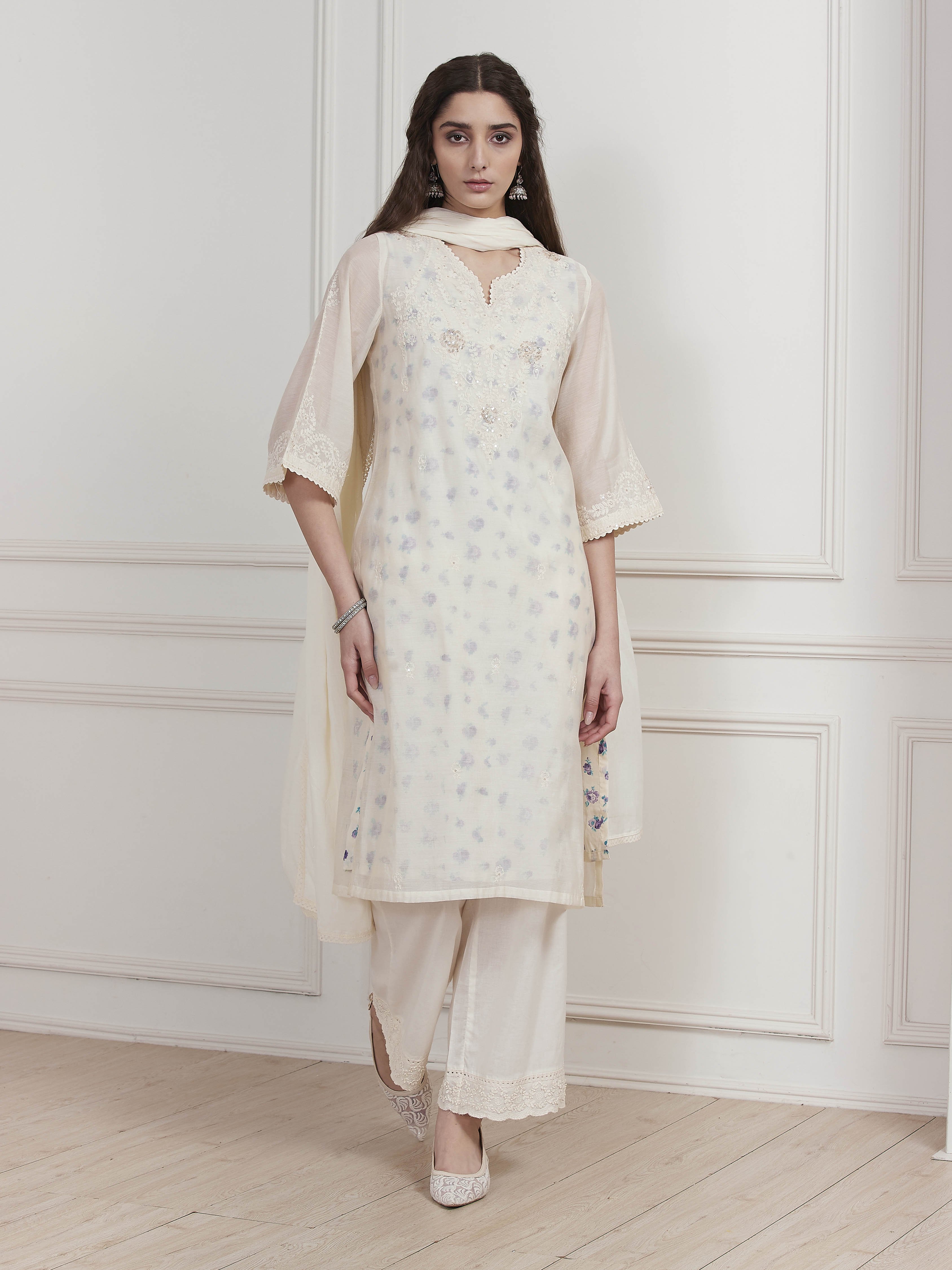 Ivory Poly Chanderi Embroidered Straight Suit Set image number 6