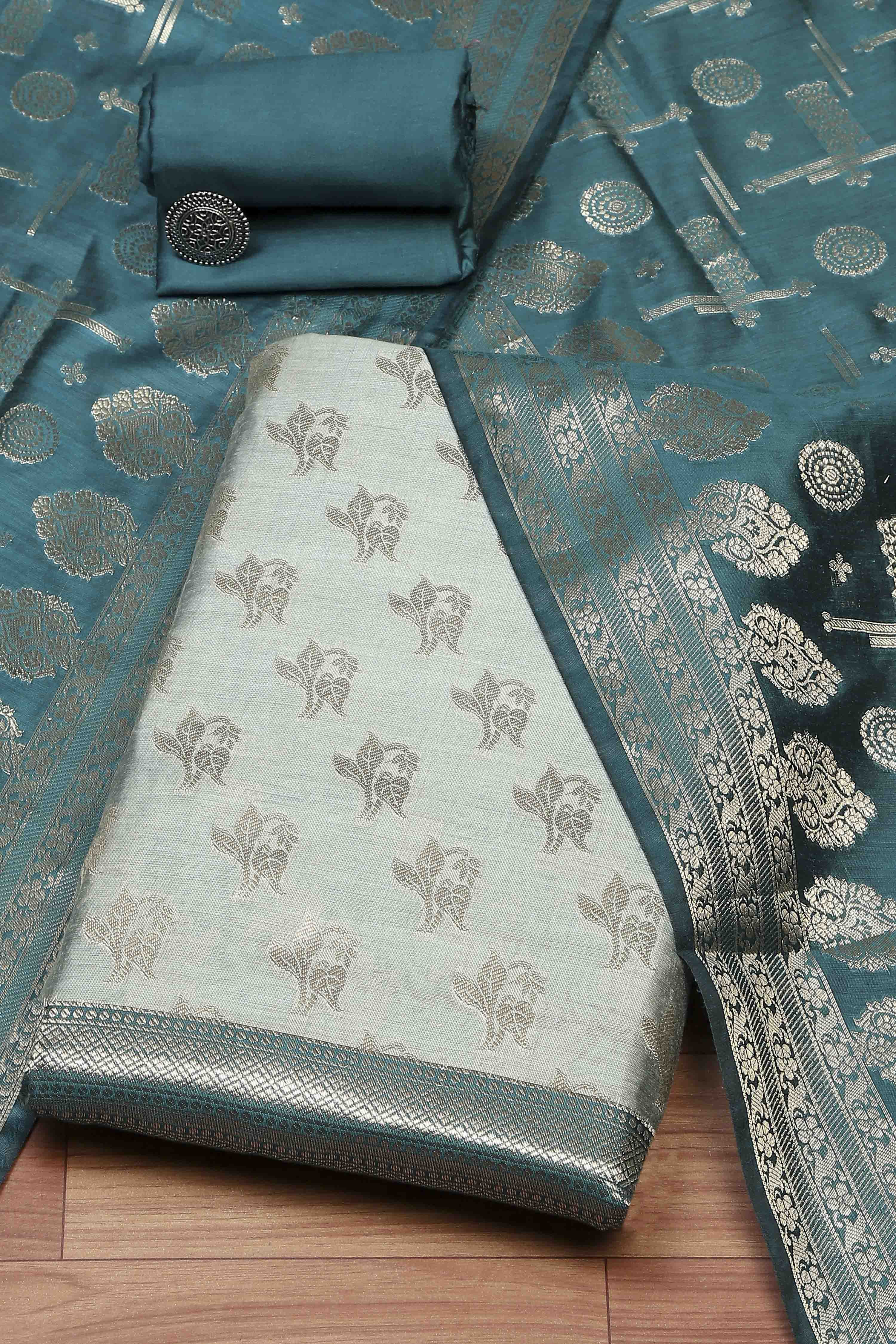 Sea Green Chanderi  Unstitched Suit Set image number 0