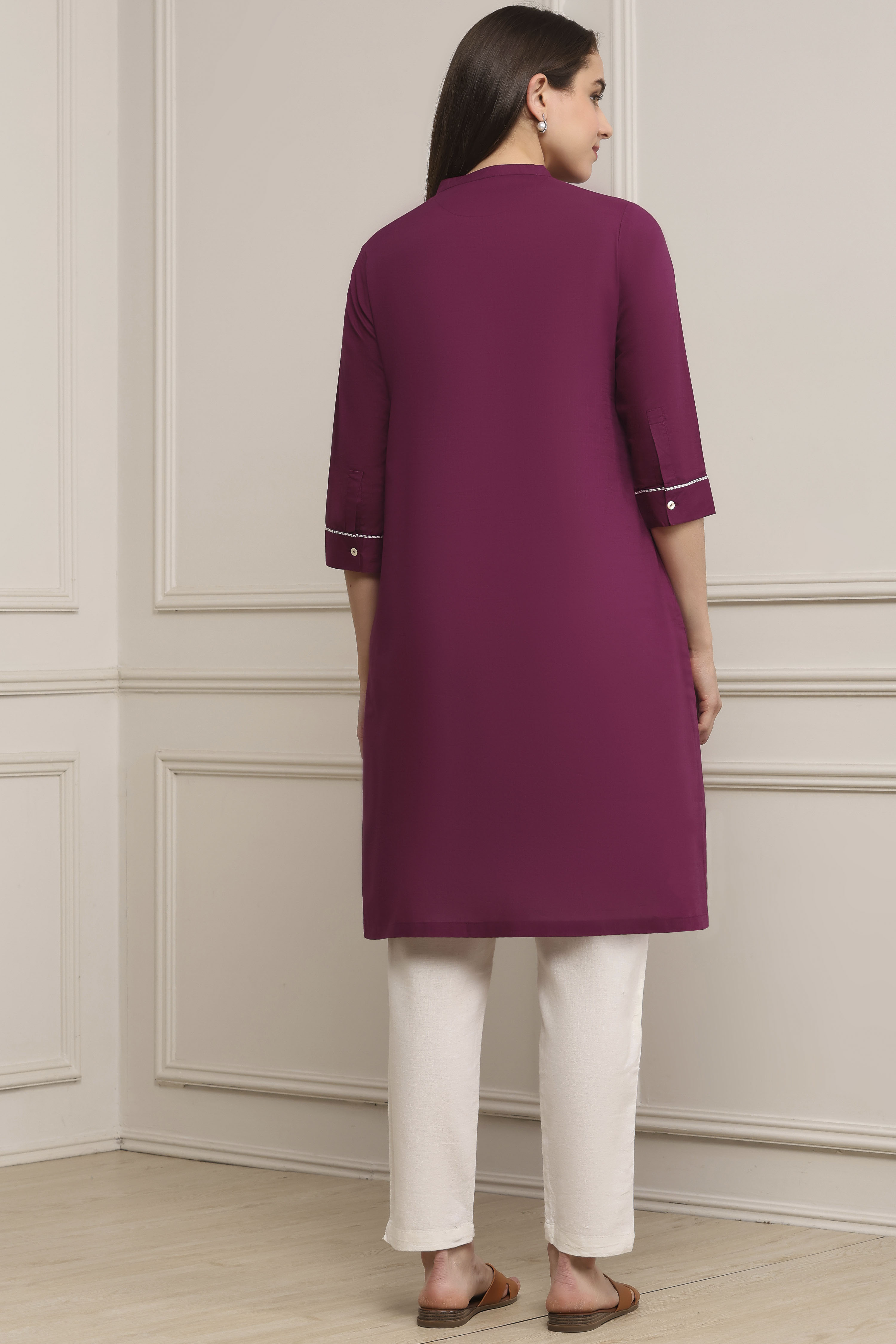 Wine Cotton Solid Straight Kurta image number 3