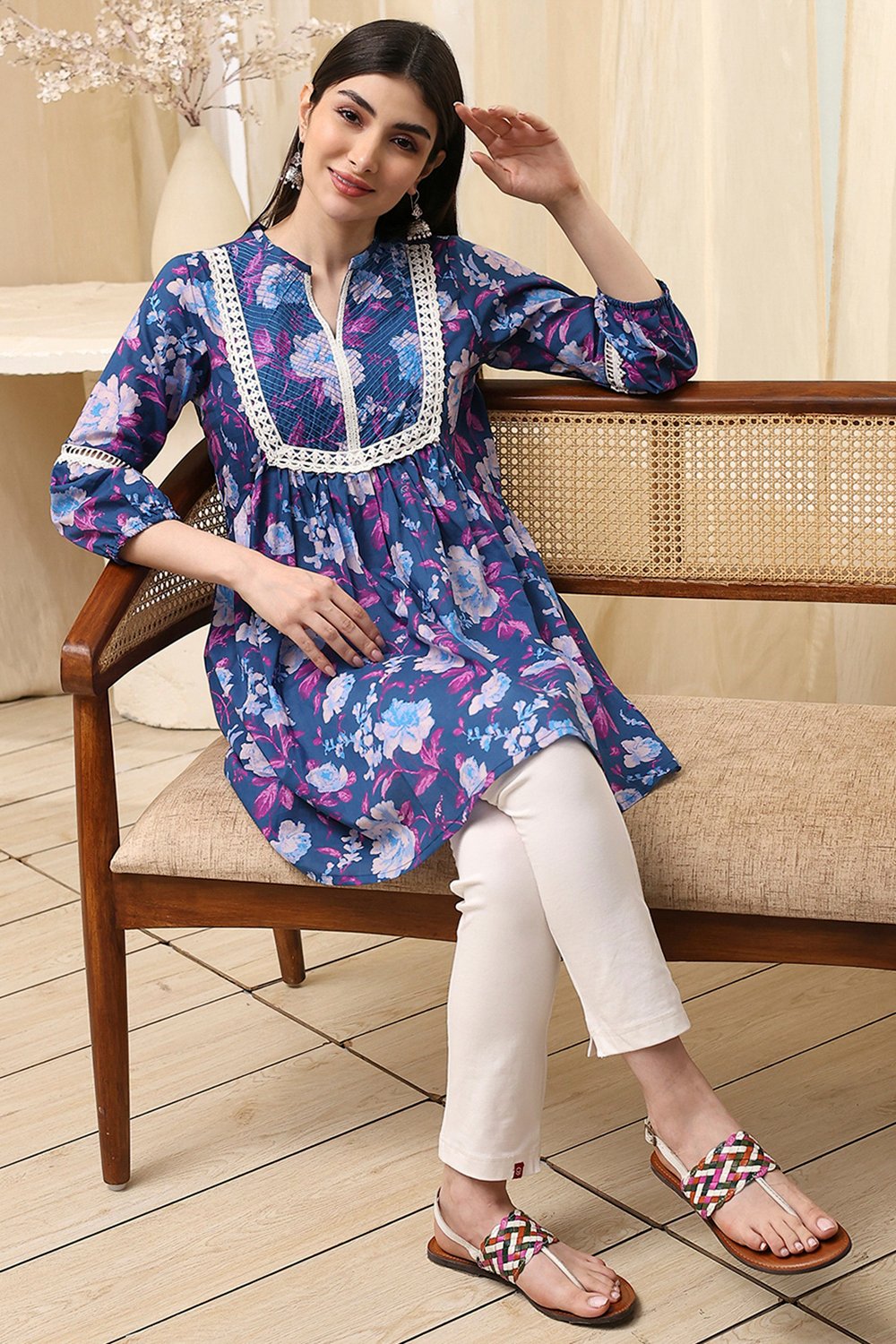 Earthy Blue Cotton Floral Flared Short Kurta image number 0