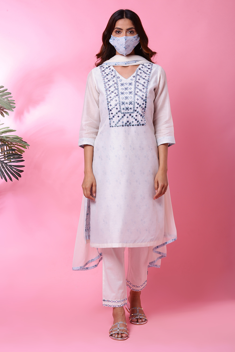 Off White Art Silk Straight Kurta Regular Pant Suit Set image number 0