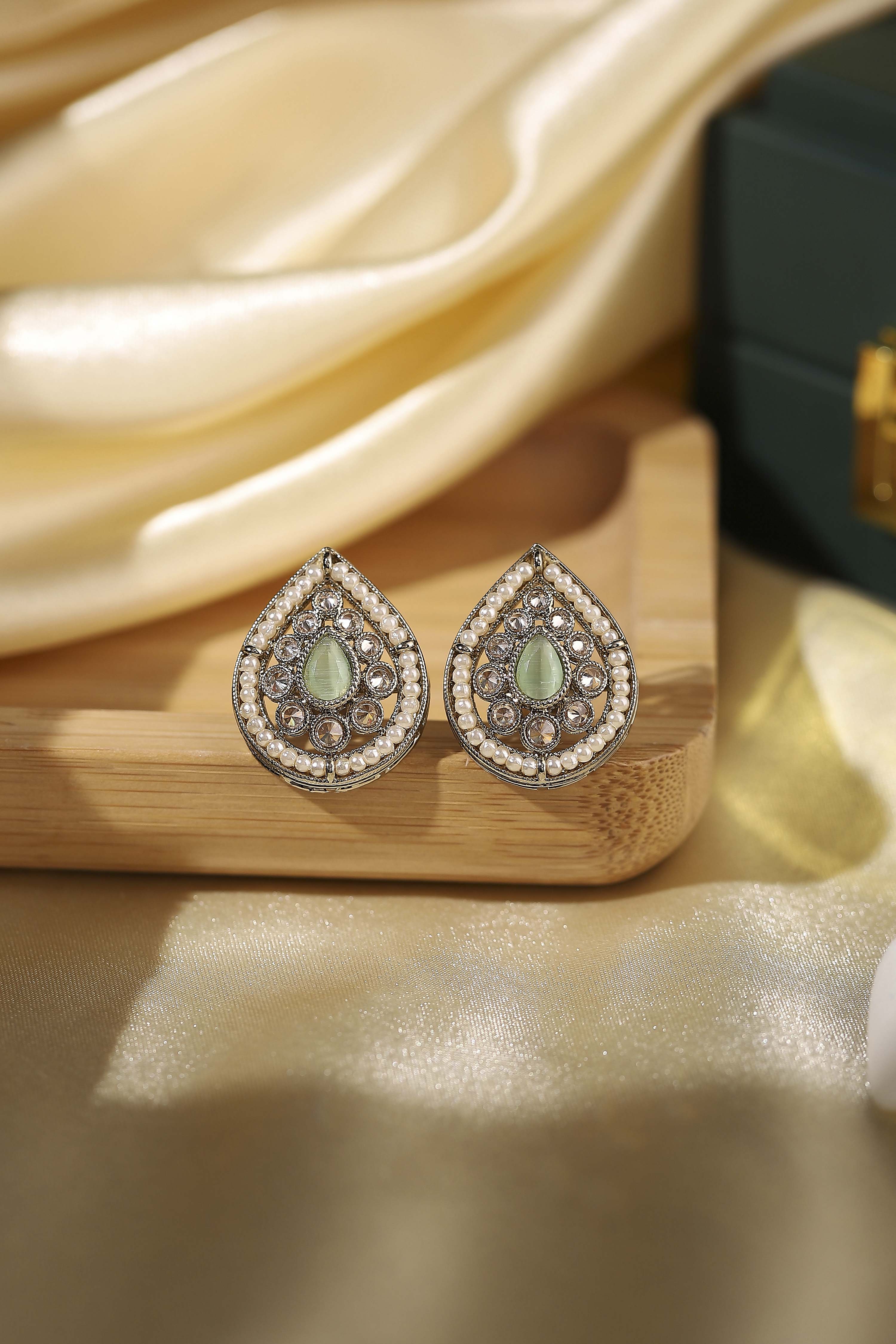 Mint Green Gold Plated Alloy Embellished Studs image number 0