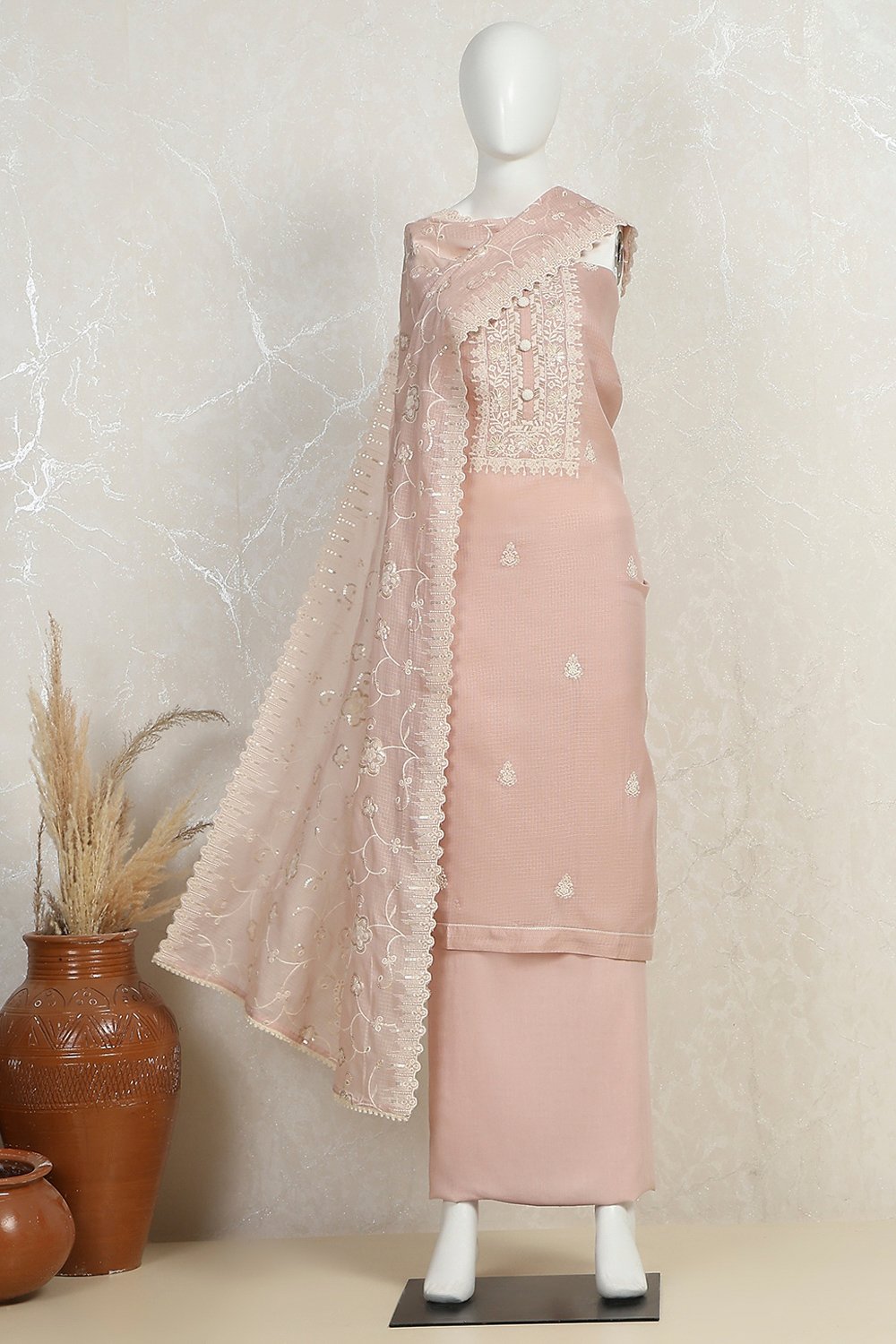 Baby Pink Cotton Embroidered Unstitched Suit Set image number 4