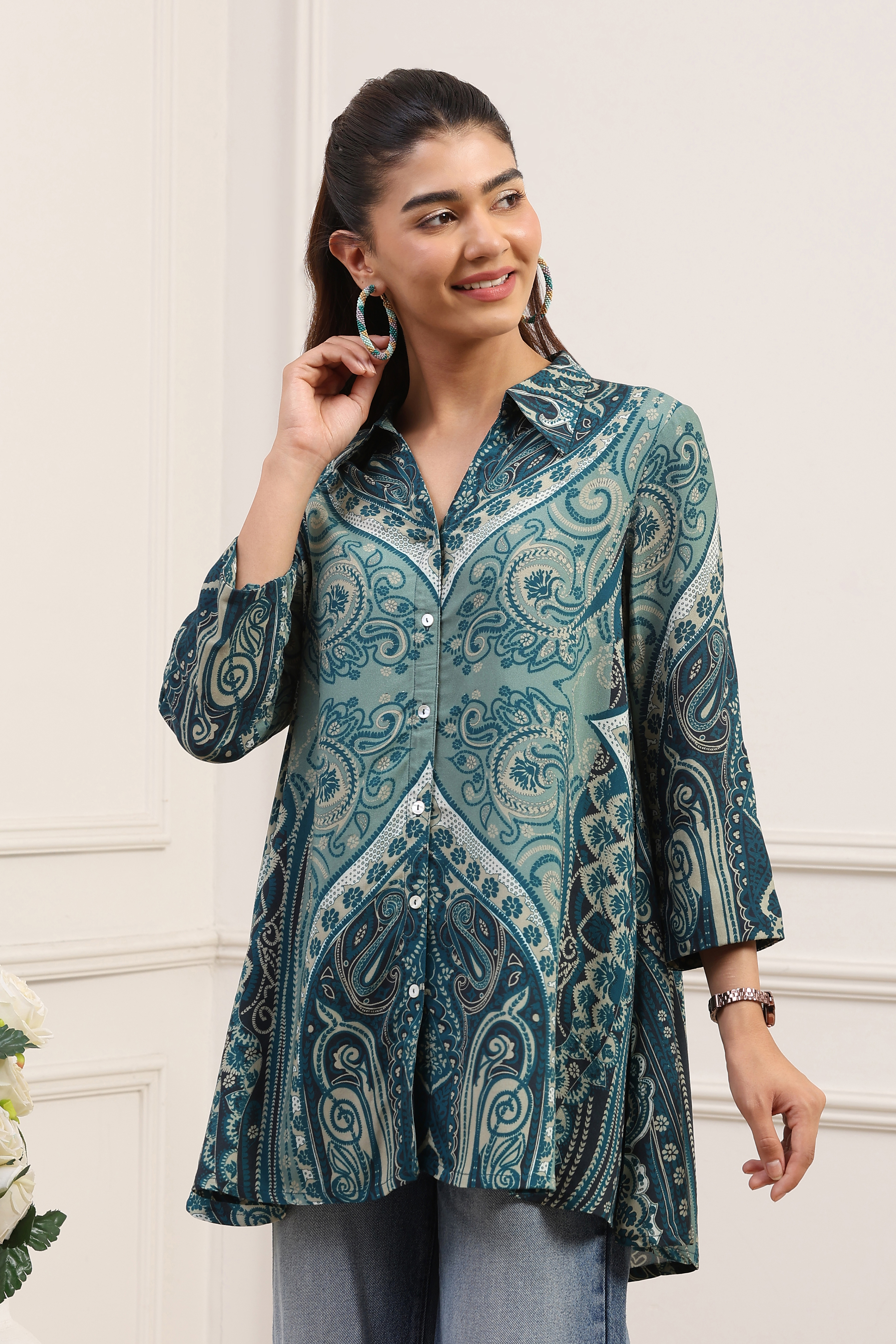 Teal LIVA Straight Printed Shirt image number 2
