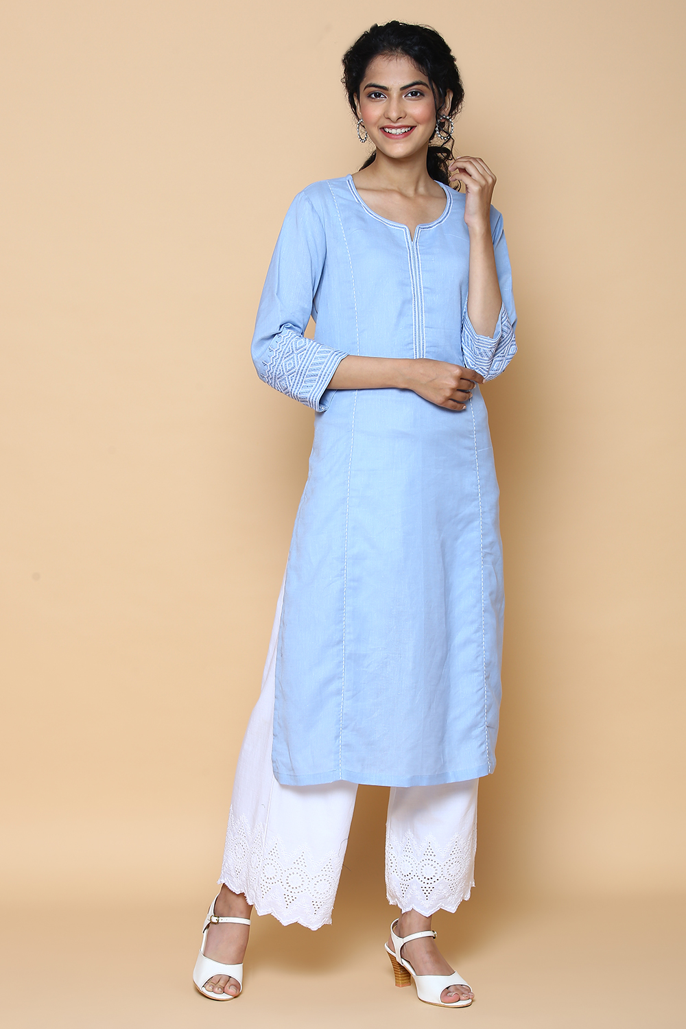 Peach Blue Cotton Linen Kurta image number 2