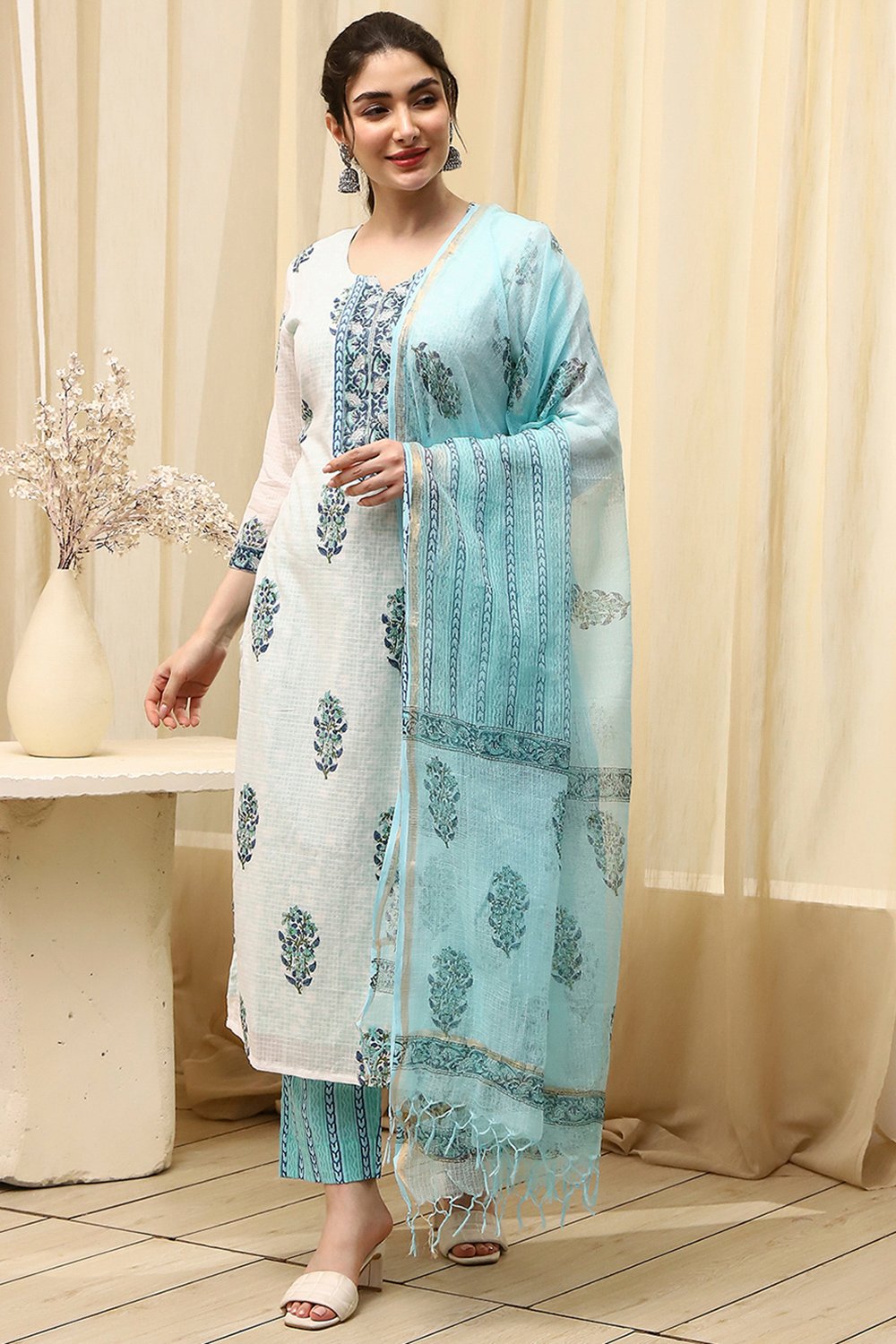 Blue Cotton Hand Block Print Unstitched Suit Set image number 1