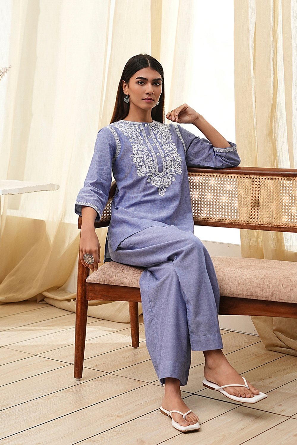 Dull Blue Cotton Straight Co-ord Set image number 0
