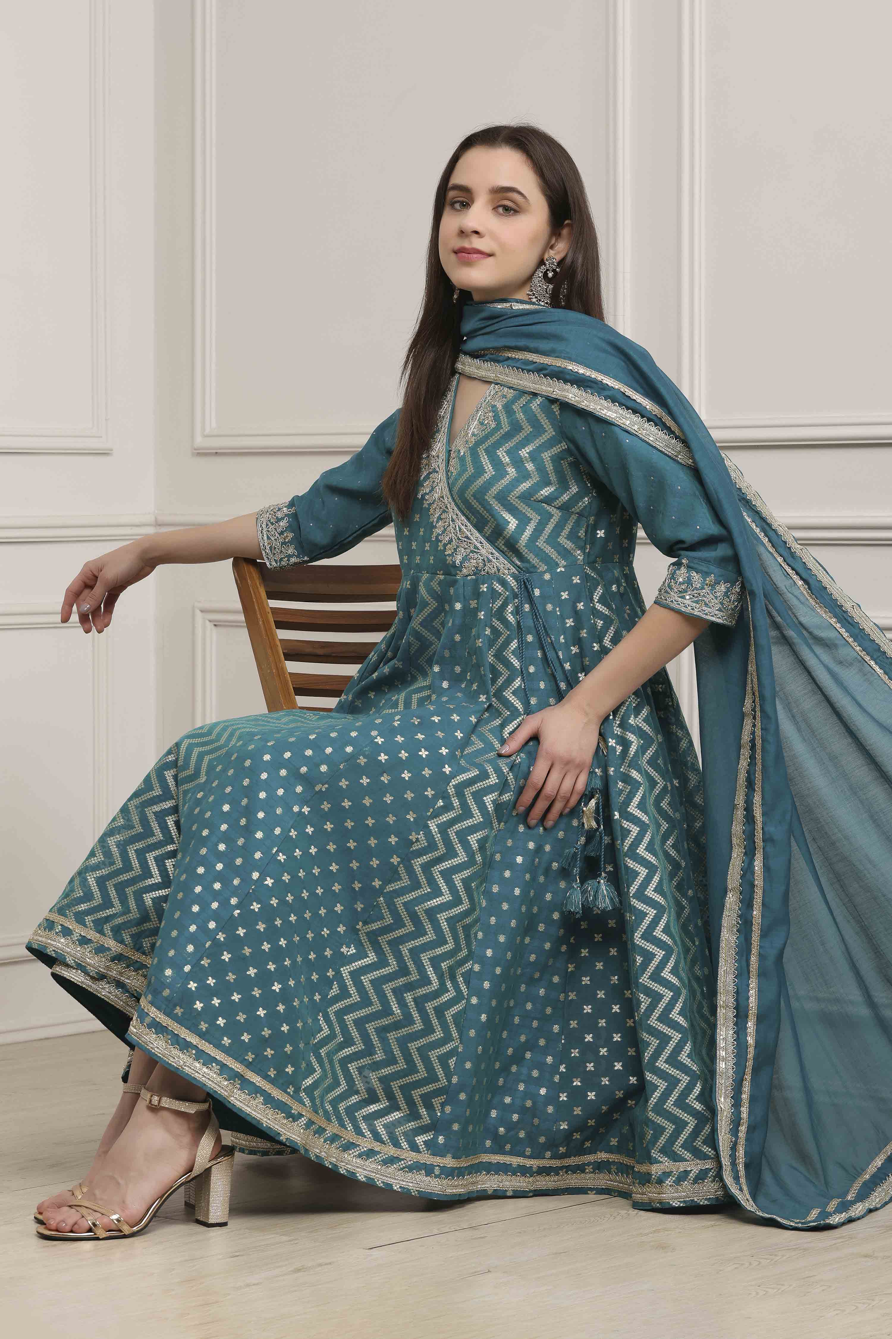 Teal Green Poly Cotton Anarkali Suit Set image number 0