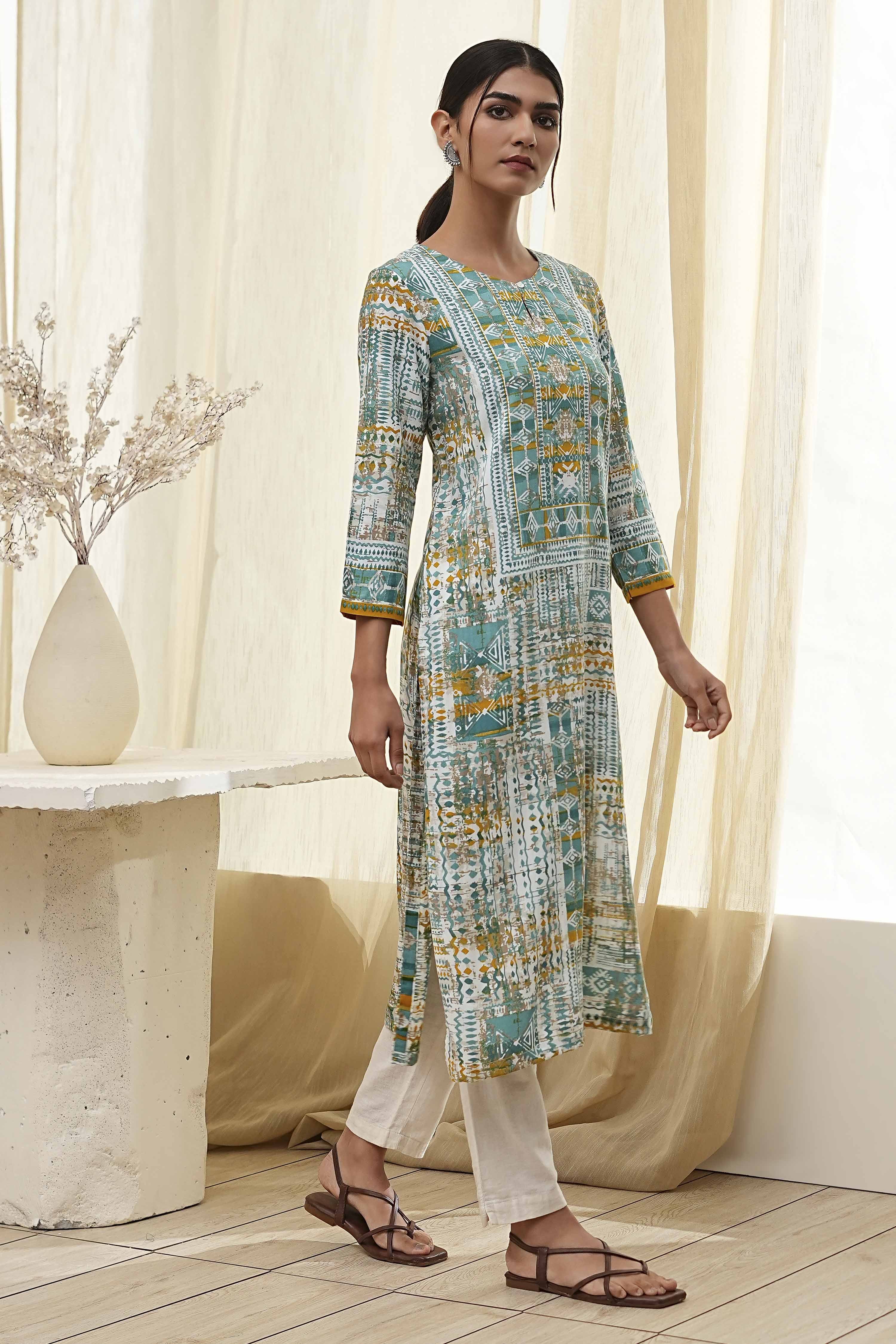 Teal Printed Straight Kurta image number 4