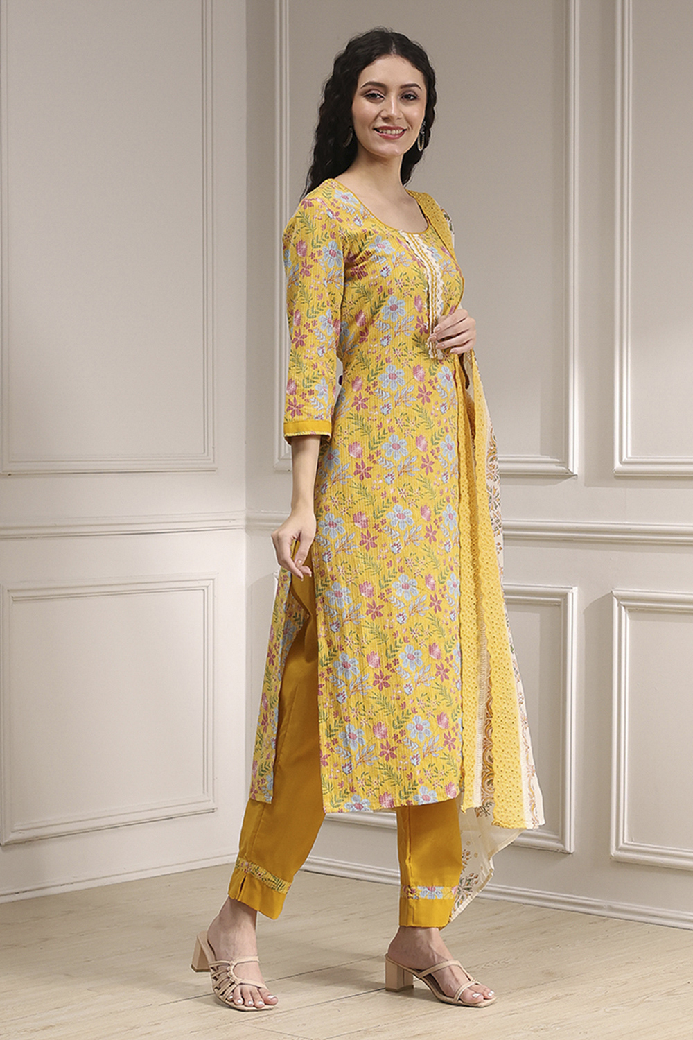 Turquoise Chanderi Handloom Unstitched Suit Set image number 6