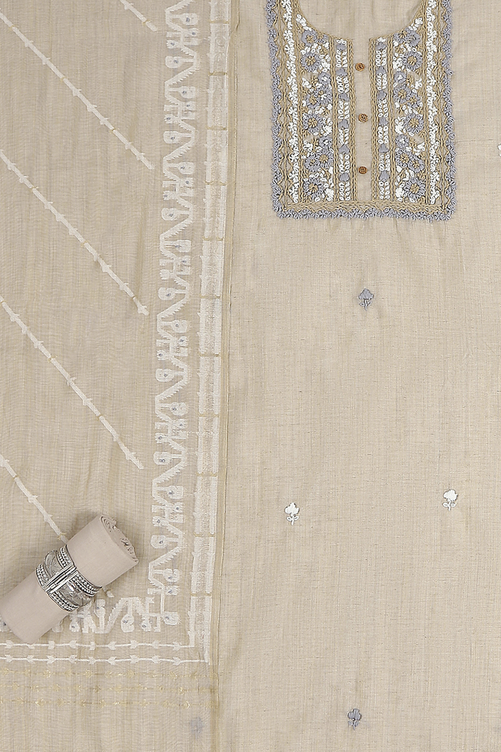 Beige Chanderi Hand Embroidered Unstitched Suit Set image number 1