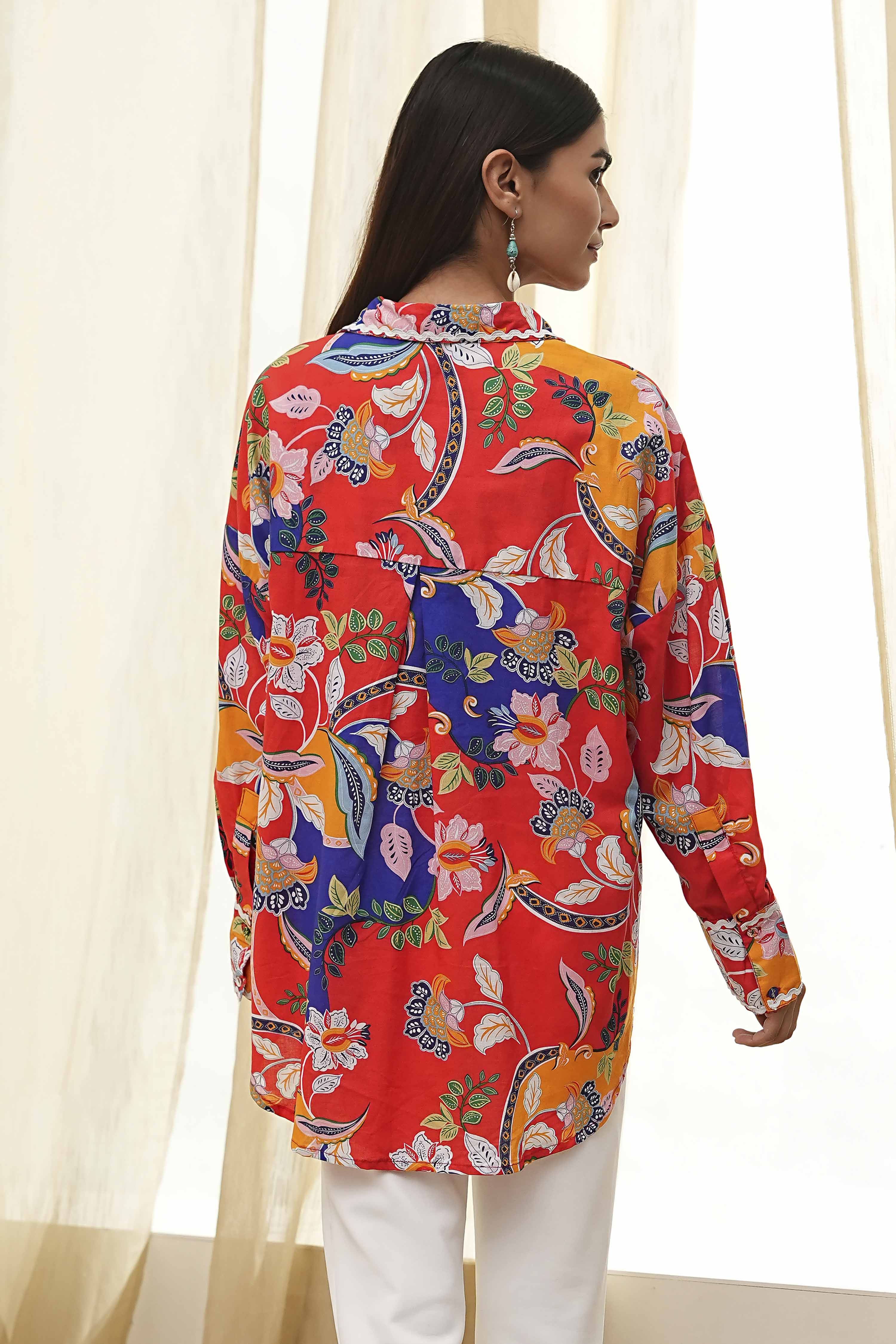 Orange Cotton Floral High-Low Shirt image number 3