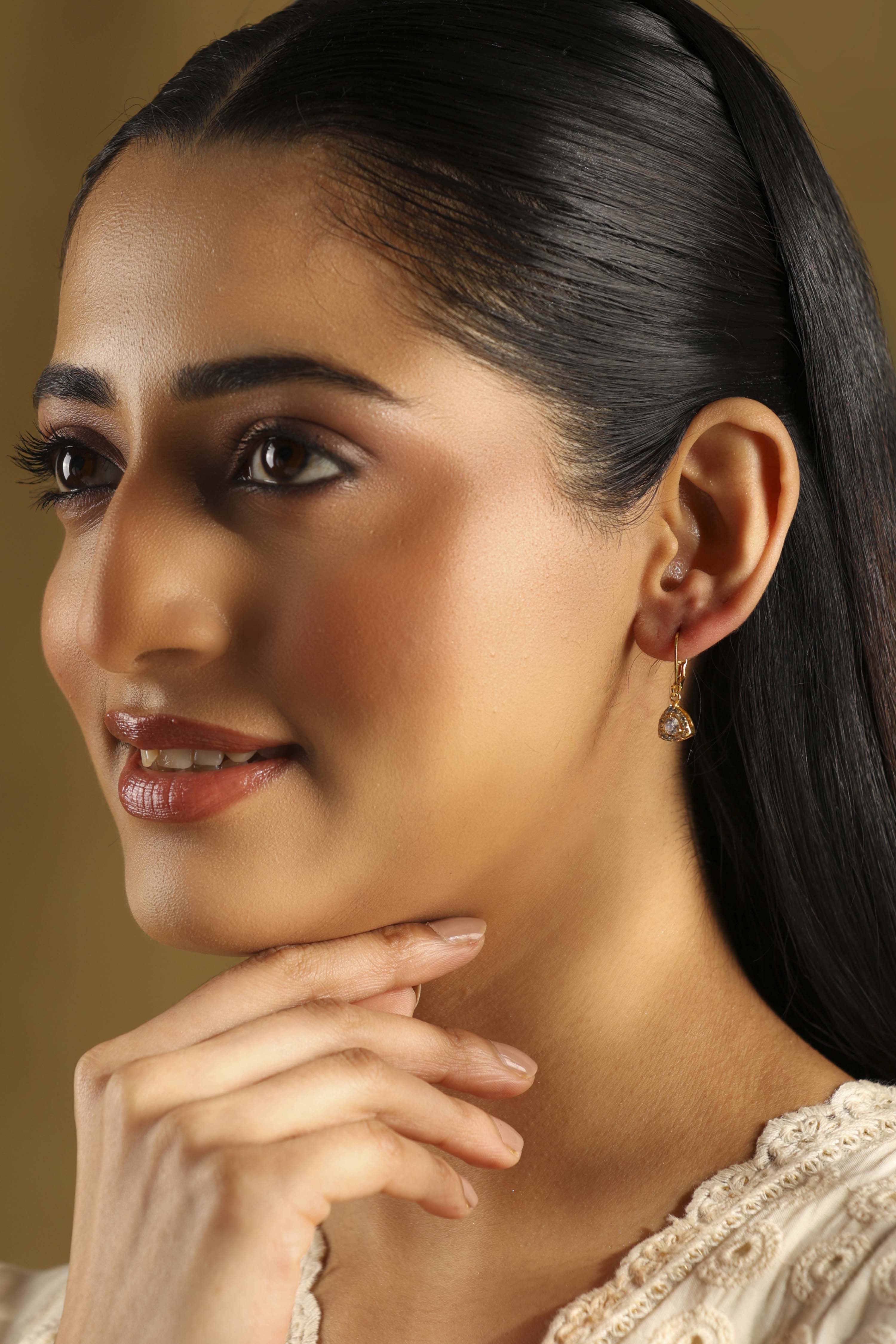 Gold Plated Brass Stone Studded Drop Earrings image number 3