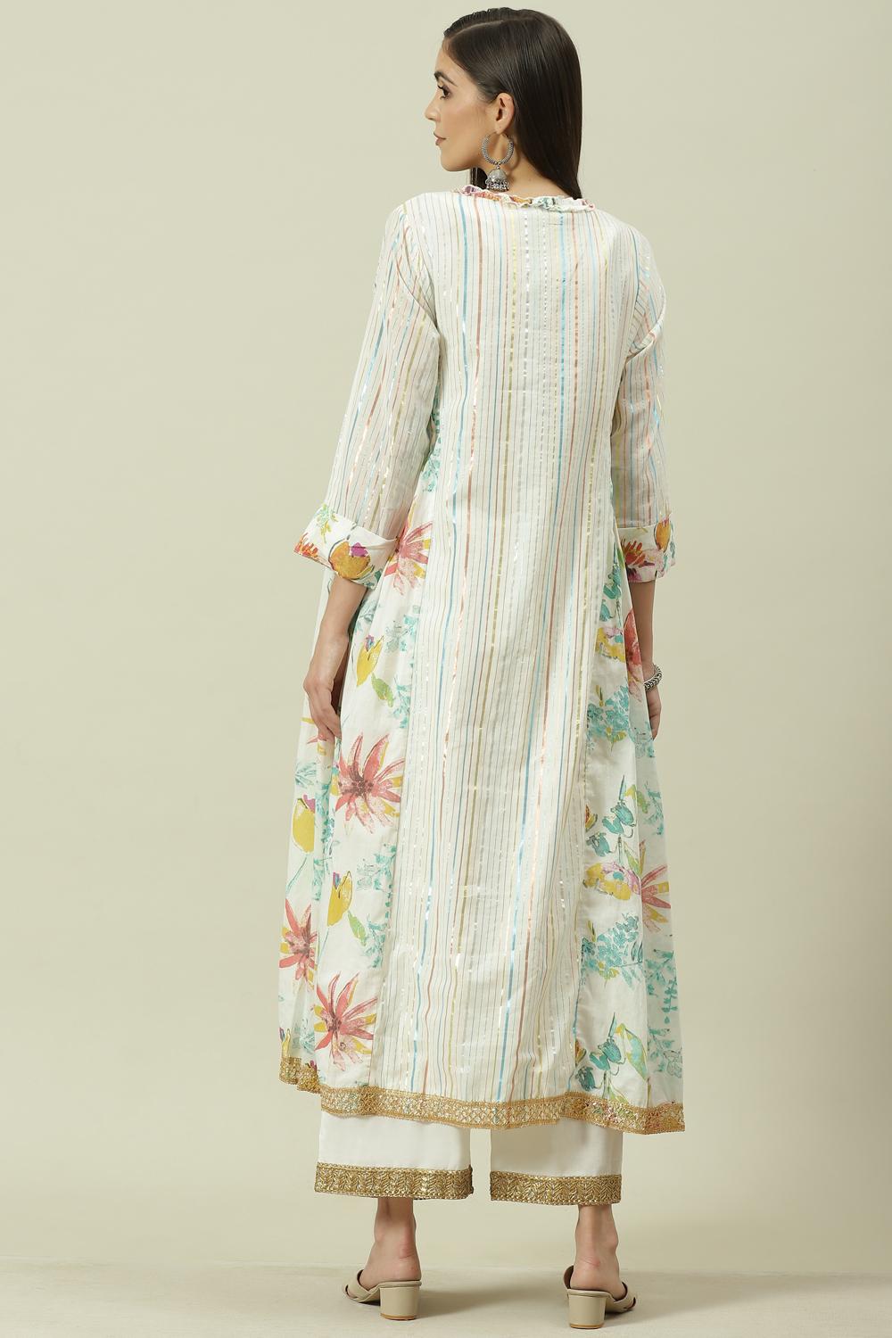 Off White Metallic Cotton A-Line Kurta Palazzo Suit Set image number 4