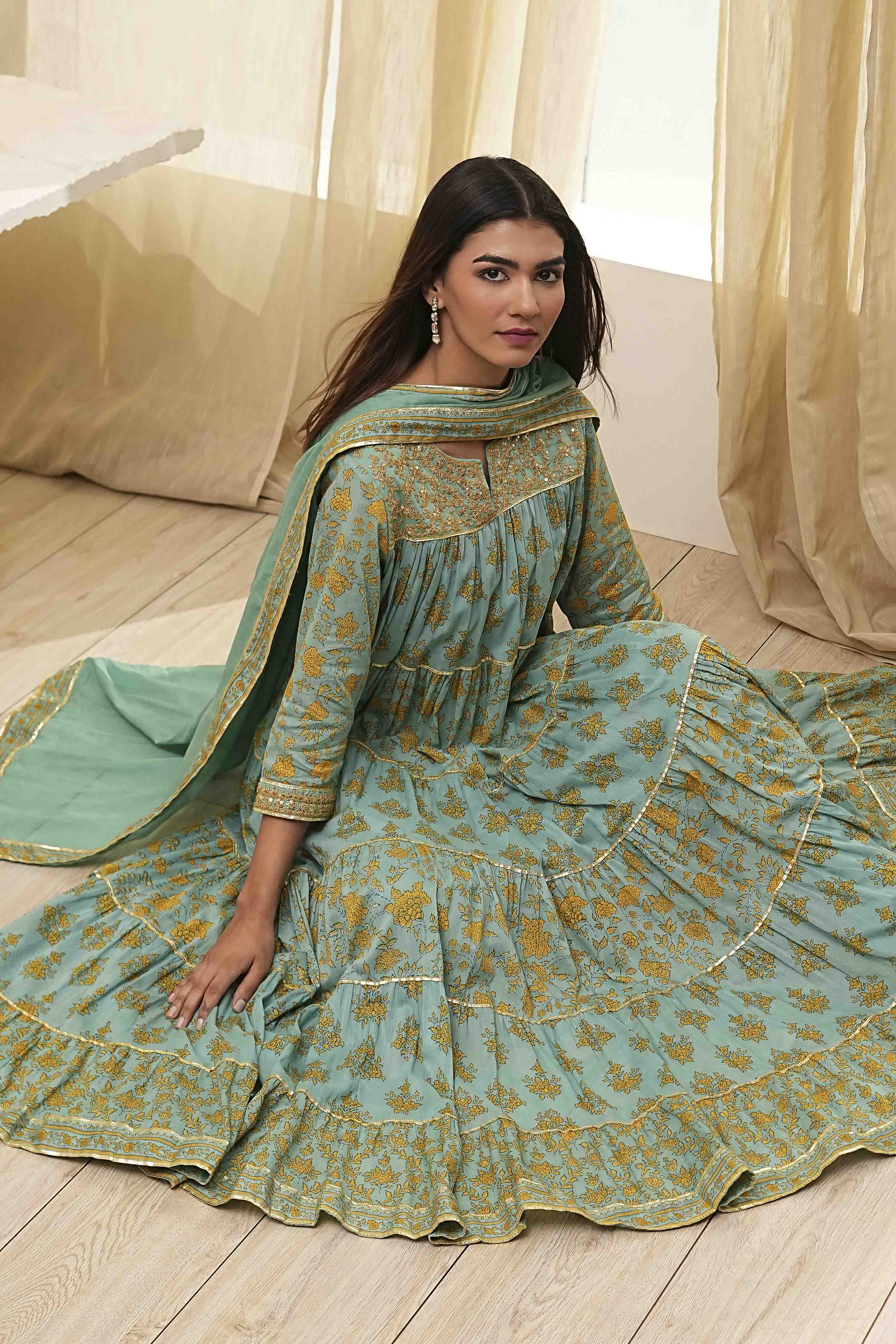 Off-White and Pink Cotton Floral Tiered Suit Set image number 0