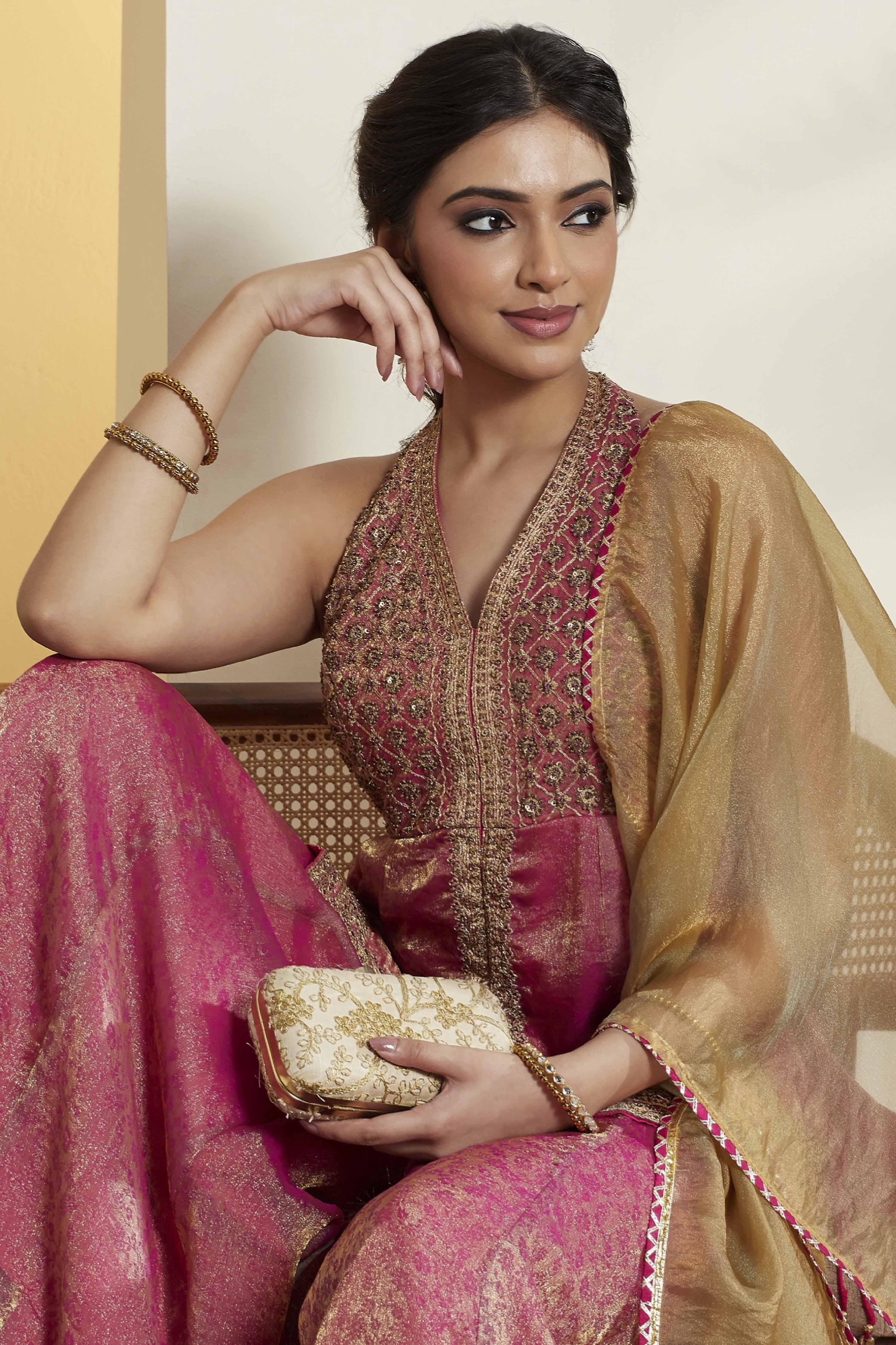 Fuchsia Viscose Blend Embroidered Fusion Set image number 1