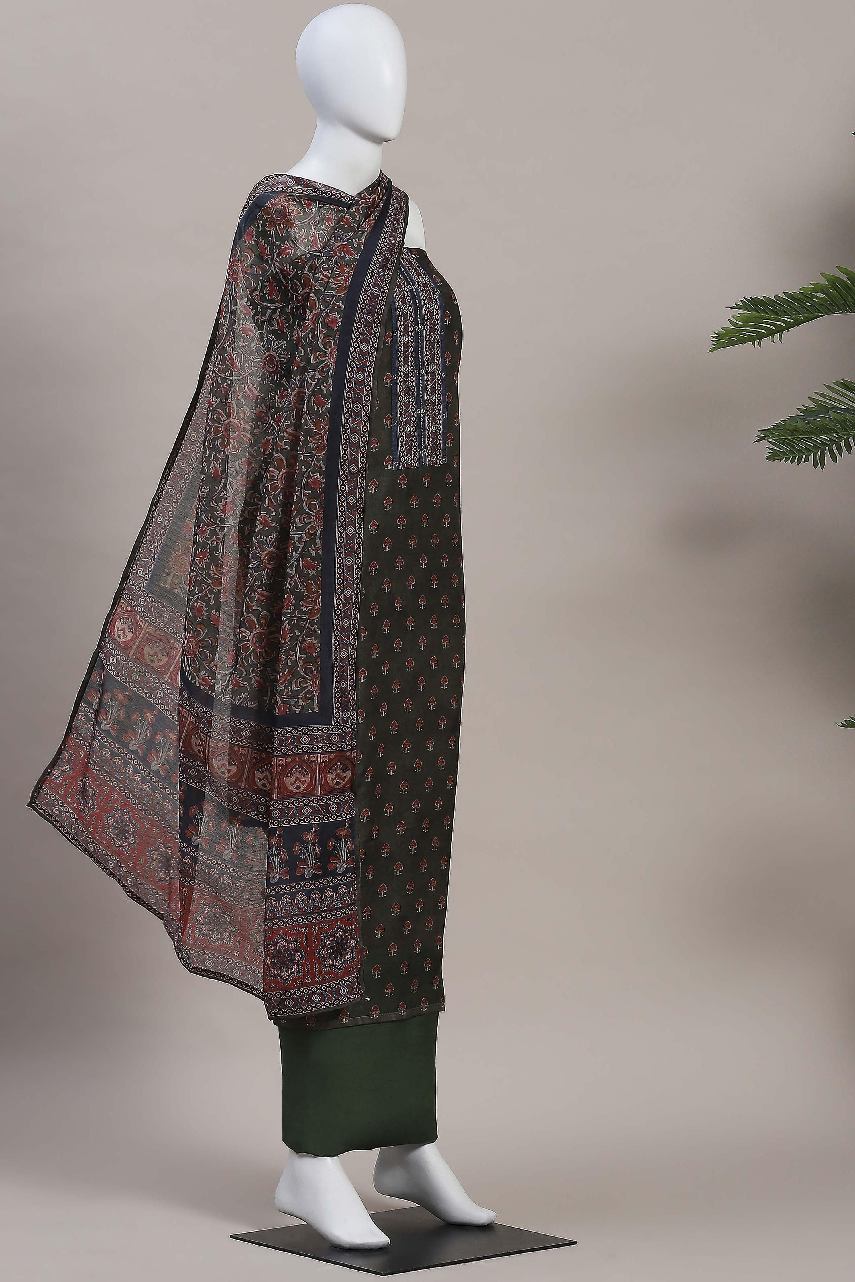 Olive Green Chanderi Rajasthani Print Unstitched Suit Set image number 4