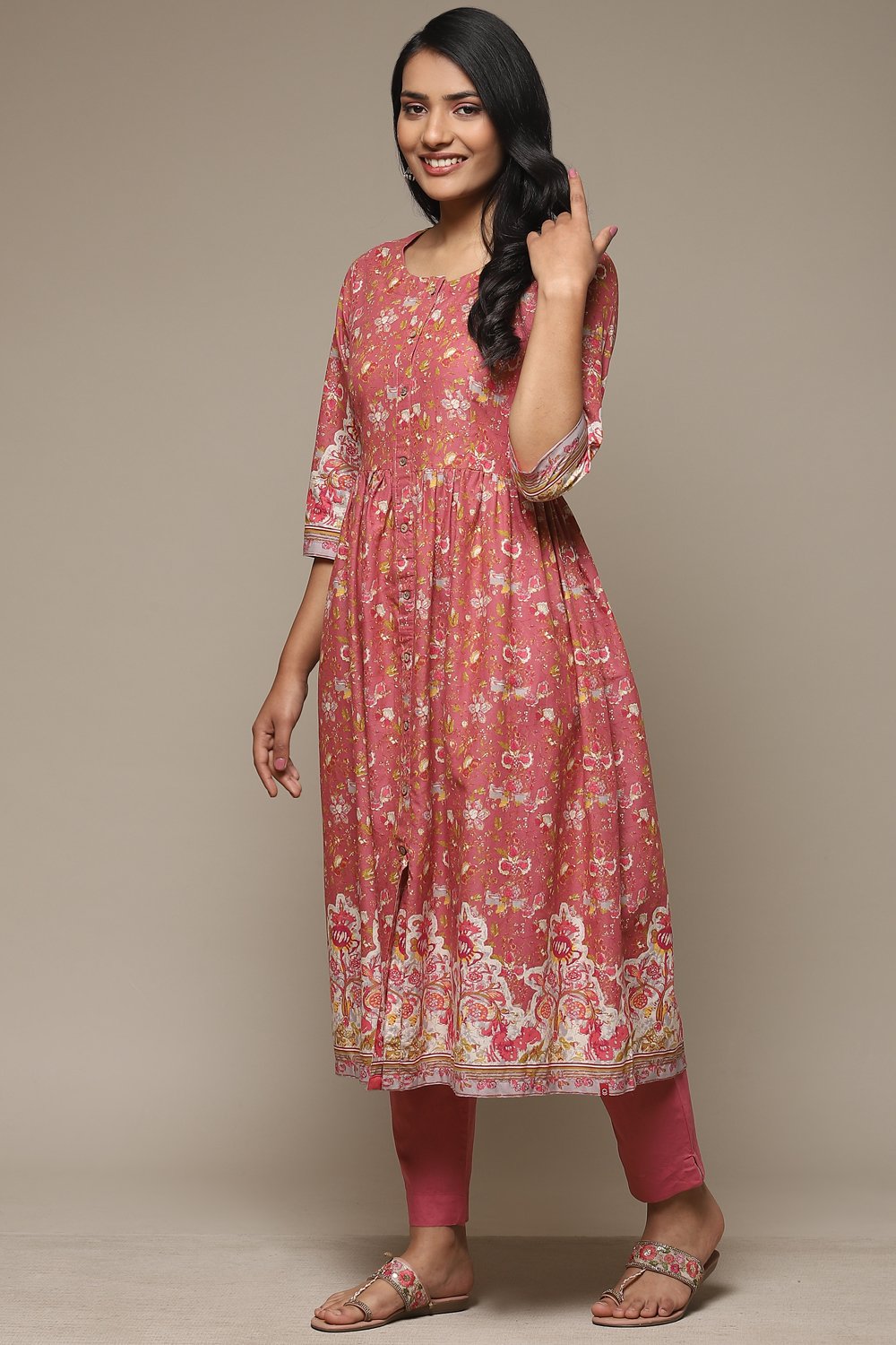 Blue Cotton Gathered Kurta Pants 2 Piece Set image number 3
