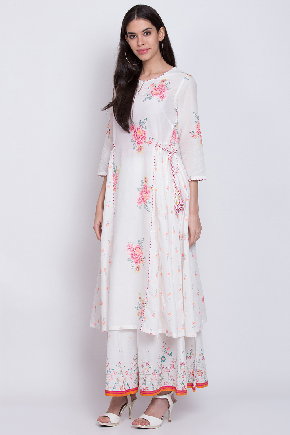 Red Cotton Flared Printed Kurta image number 2