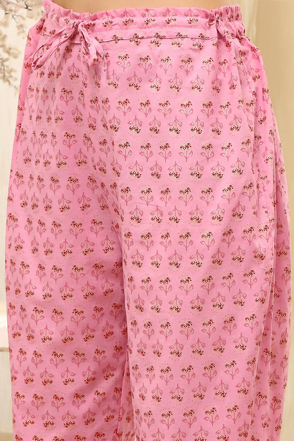 Pink Cotton Screen Print Unstitched Suit Set image number 3