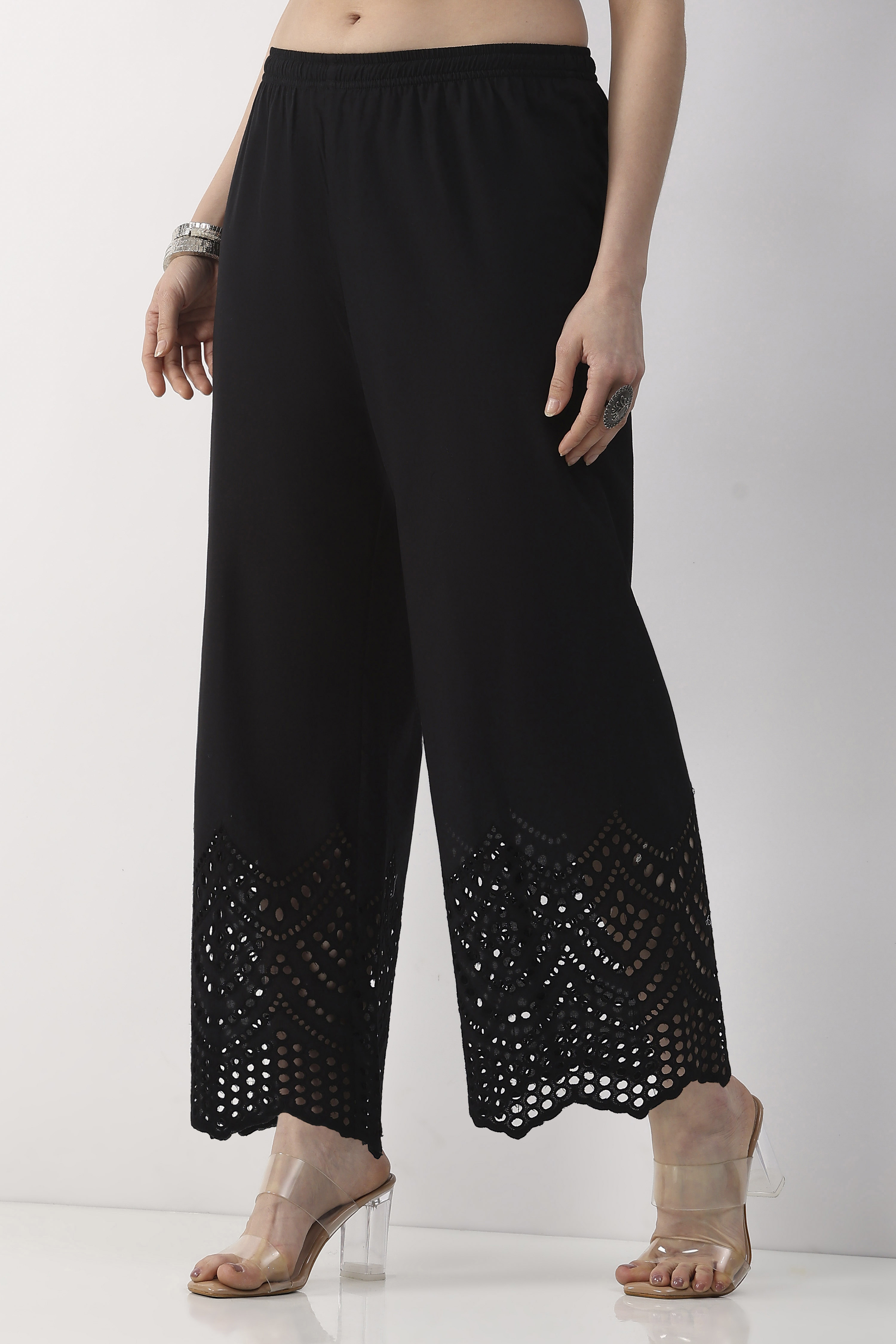 Black Cotton Straight Palazzos image number 2