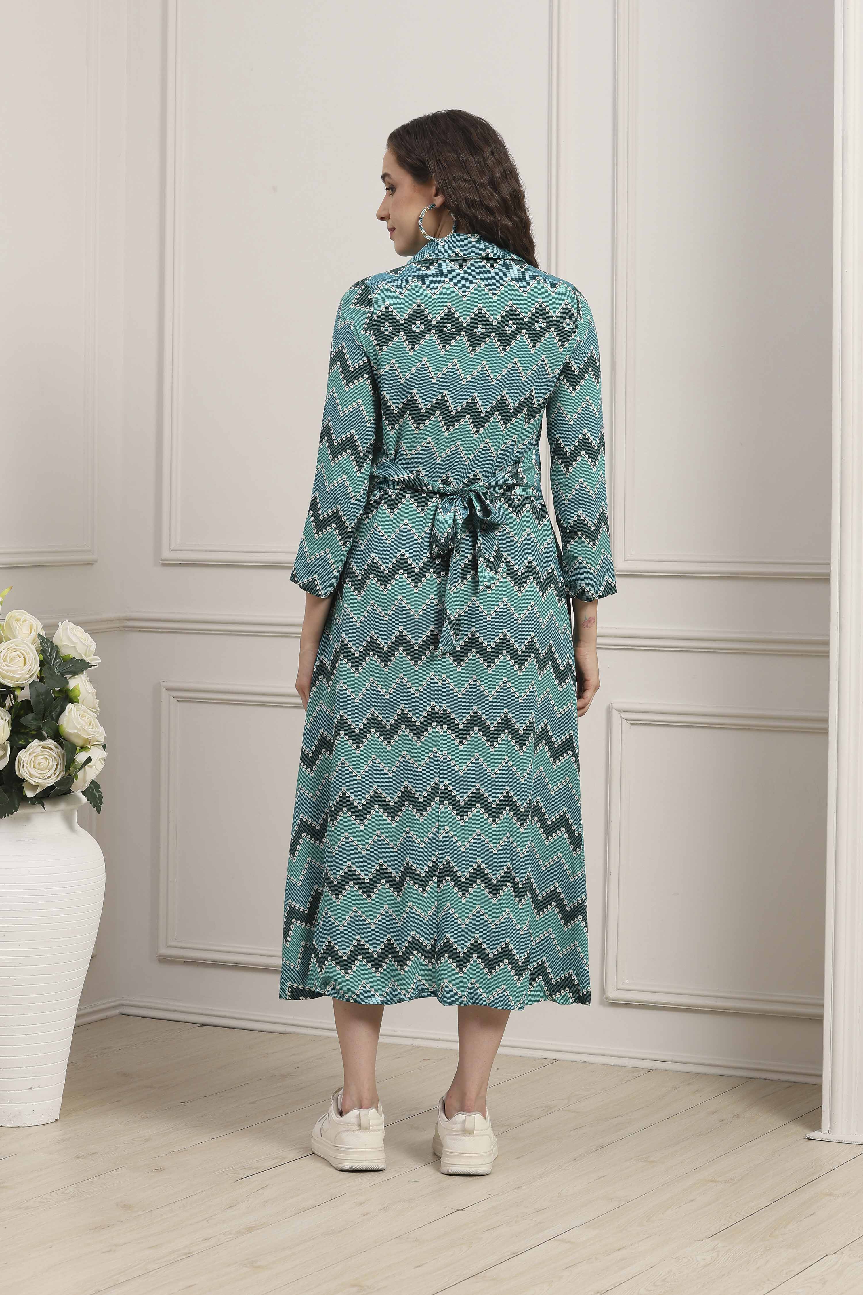 Turquoise Chevron Block Printed Shirt-Style Flared Dress image number 3