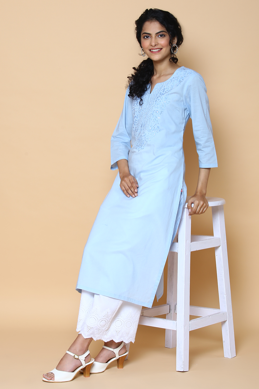 Ice Blue Cotton Embroidered Kurta image number 0