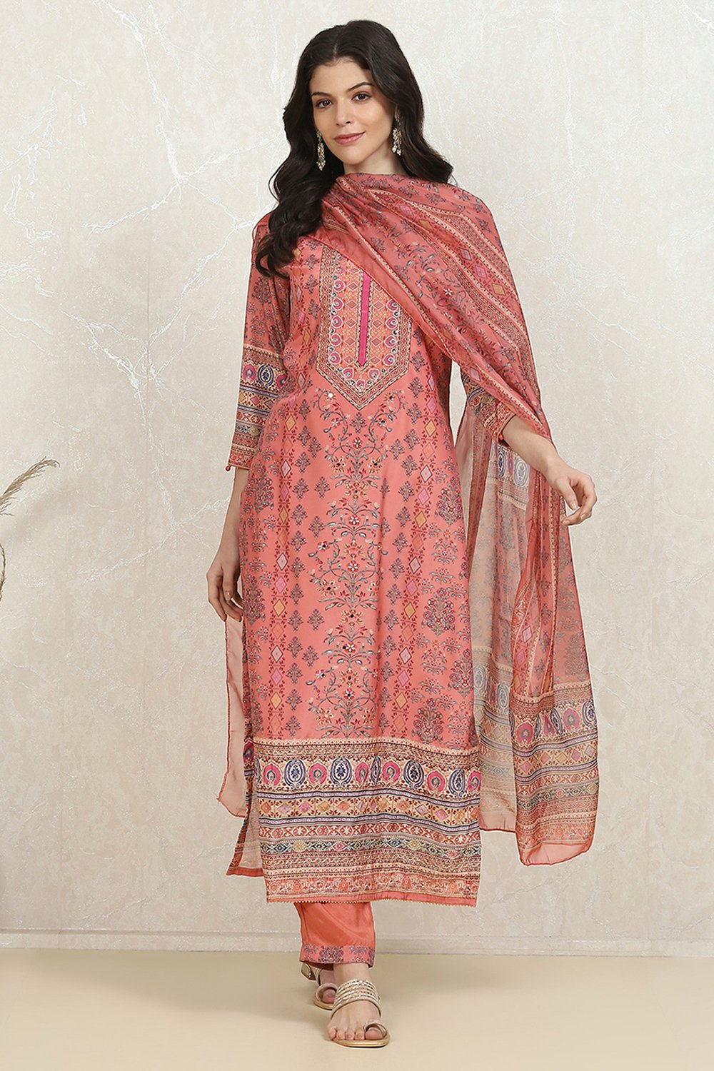 Pink Crepe Printed Unstitched Suit Set image number 1