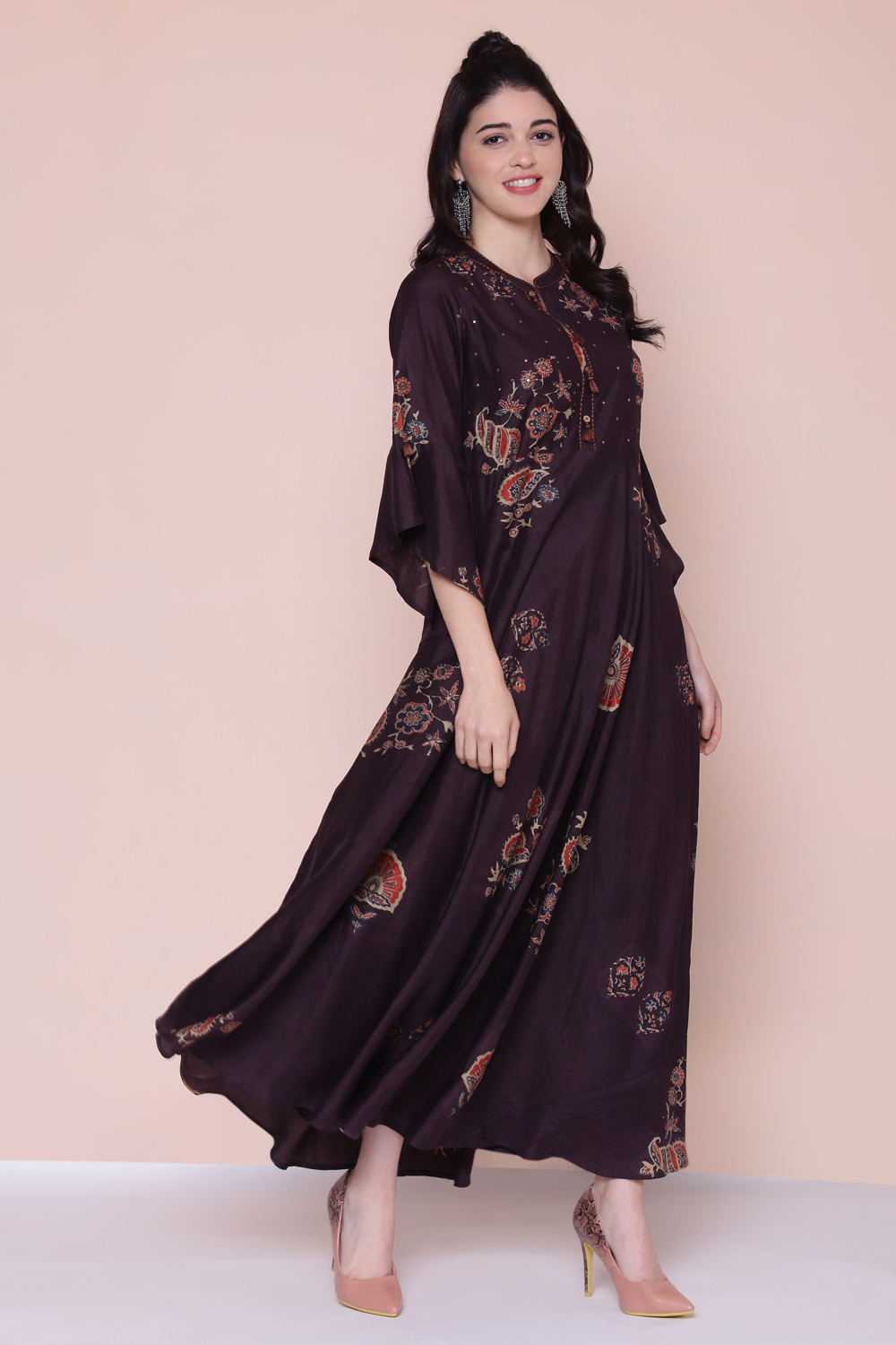 Brown Cotton Fusion Wear Dress image number 2