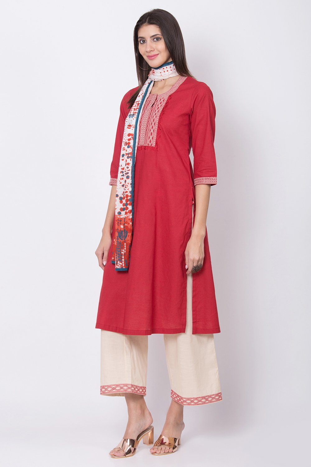 Red Cotton Straight Suit Set image number 2