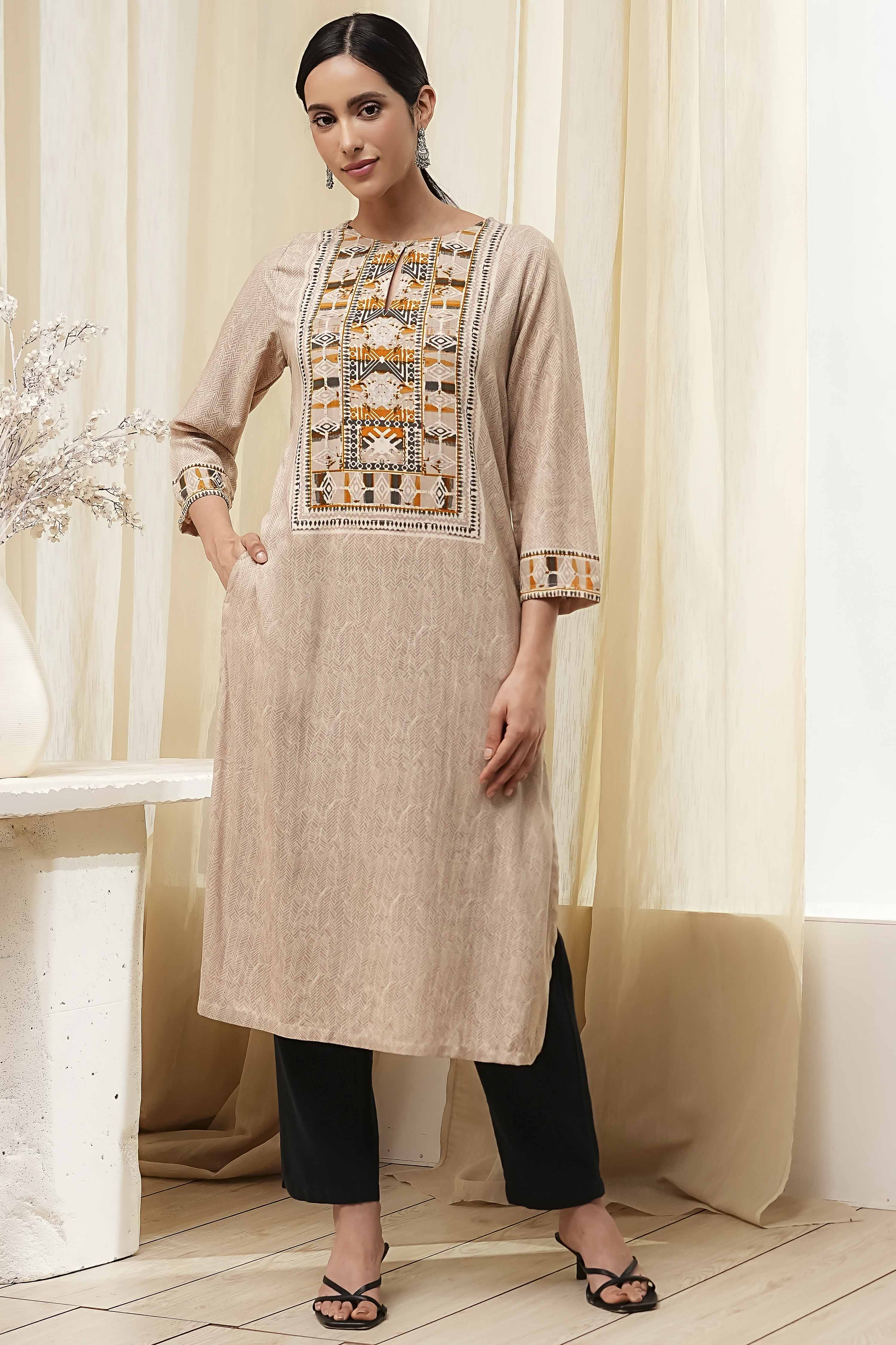 Beige Printed Straight Kurta image number 5