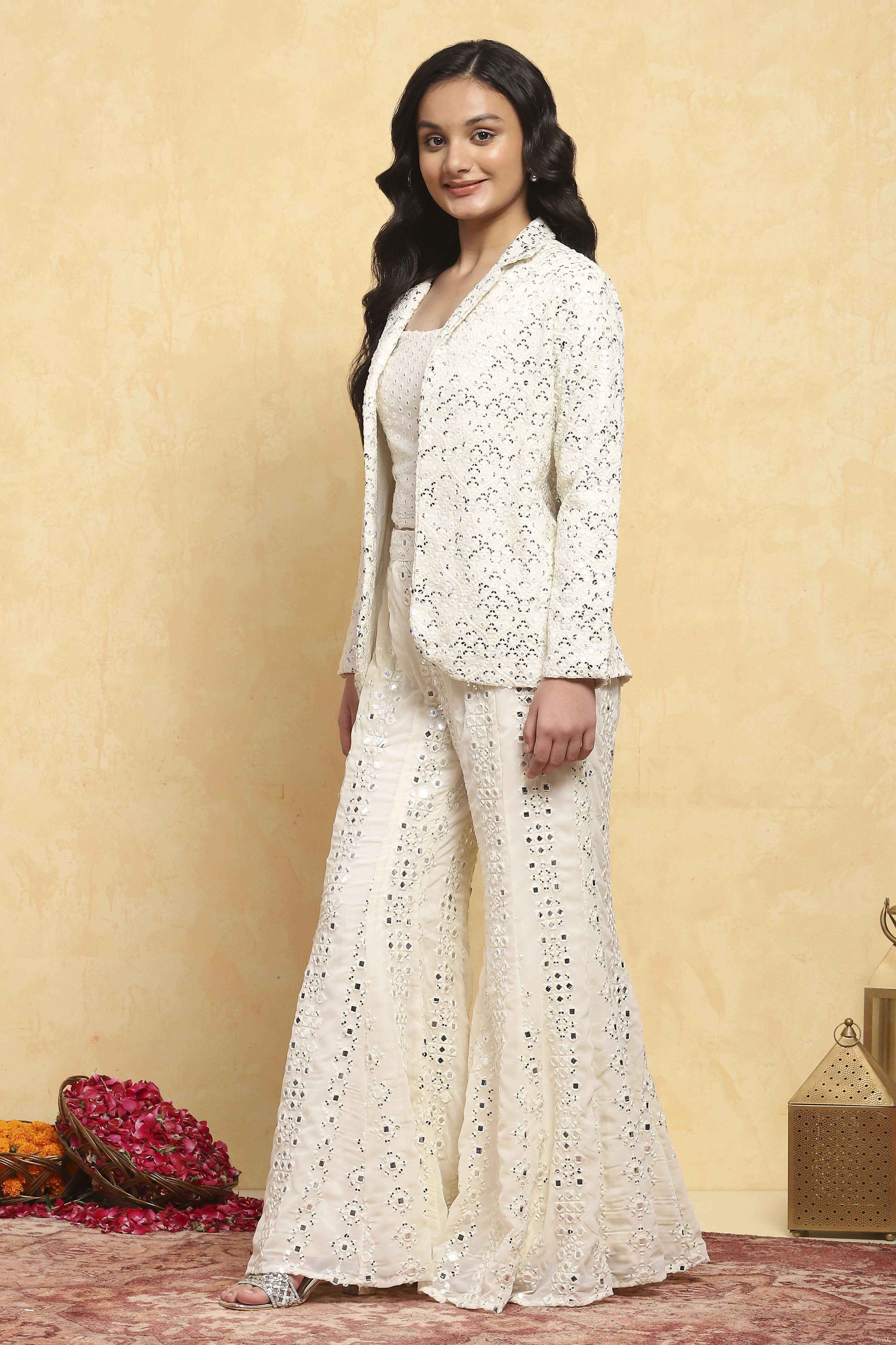 White Viscose Rayon Embroidered Straight Suit Set image number 3