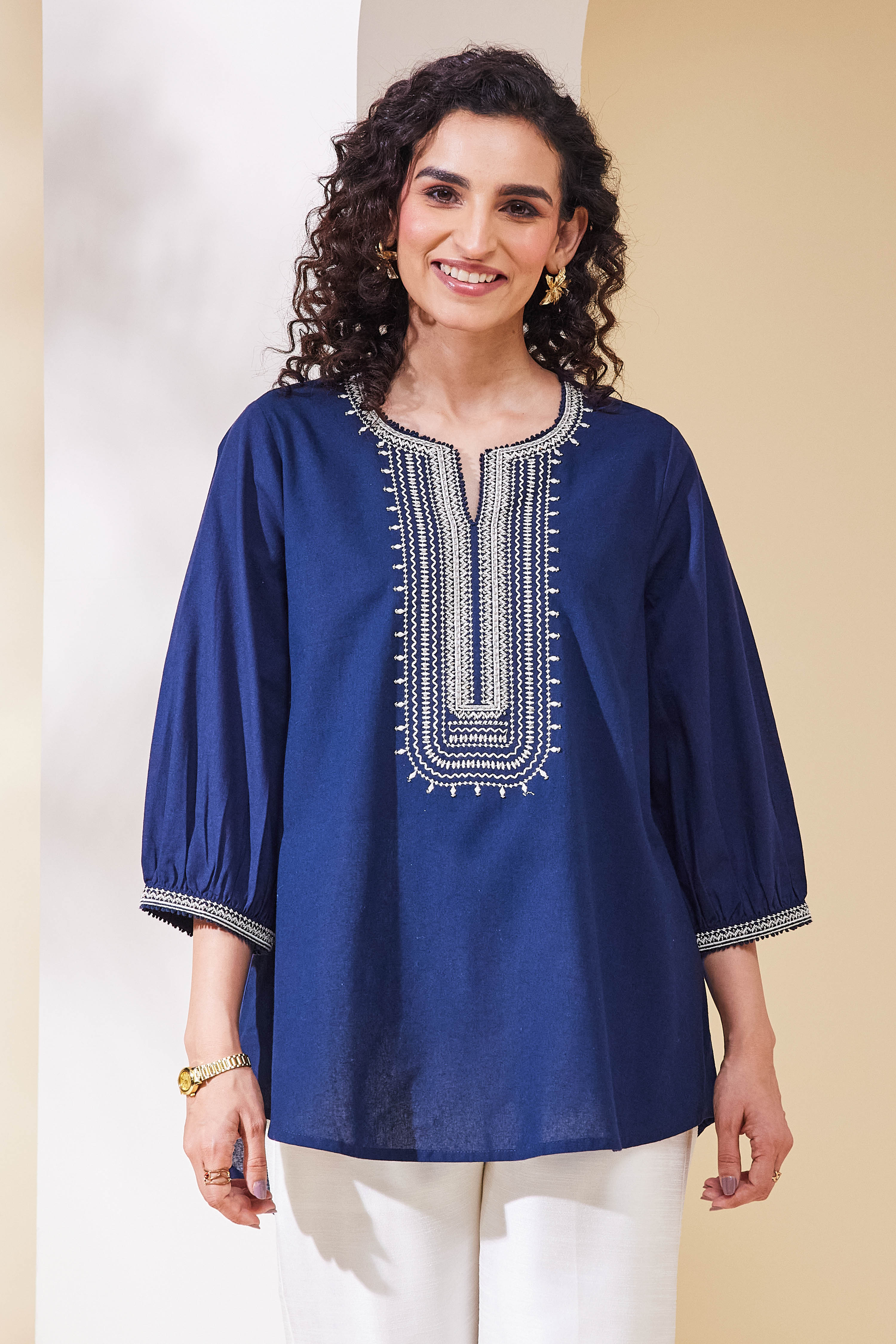 Navy Blue Cotton Yoke Design Straight Kurta image number 6