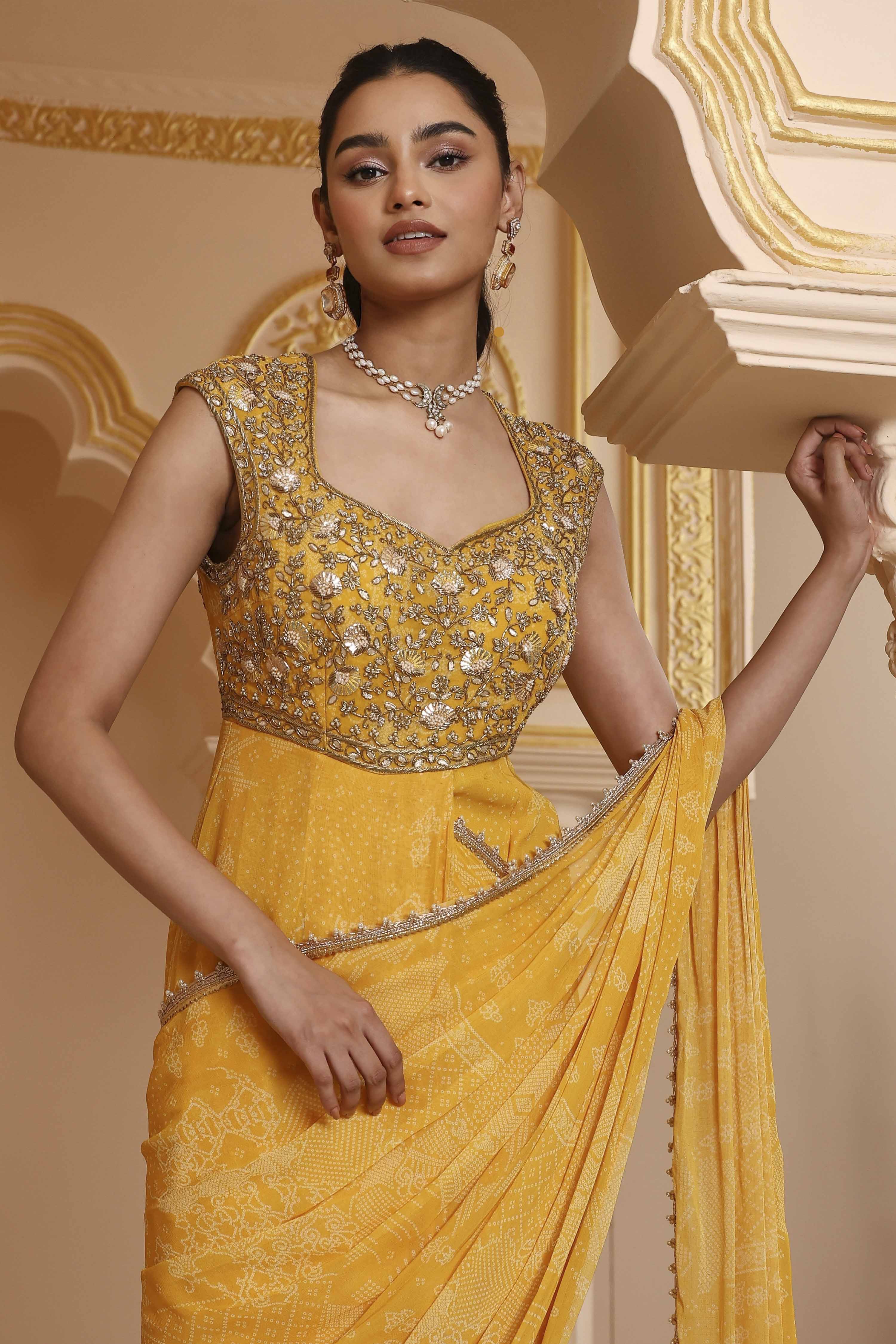Yellow Art Silk Gathered Gown Saree image number 1