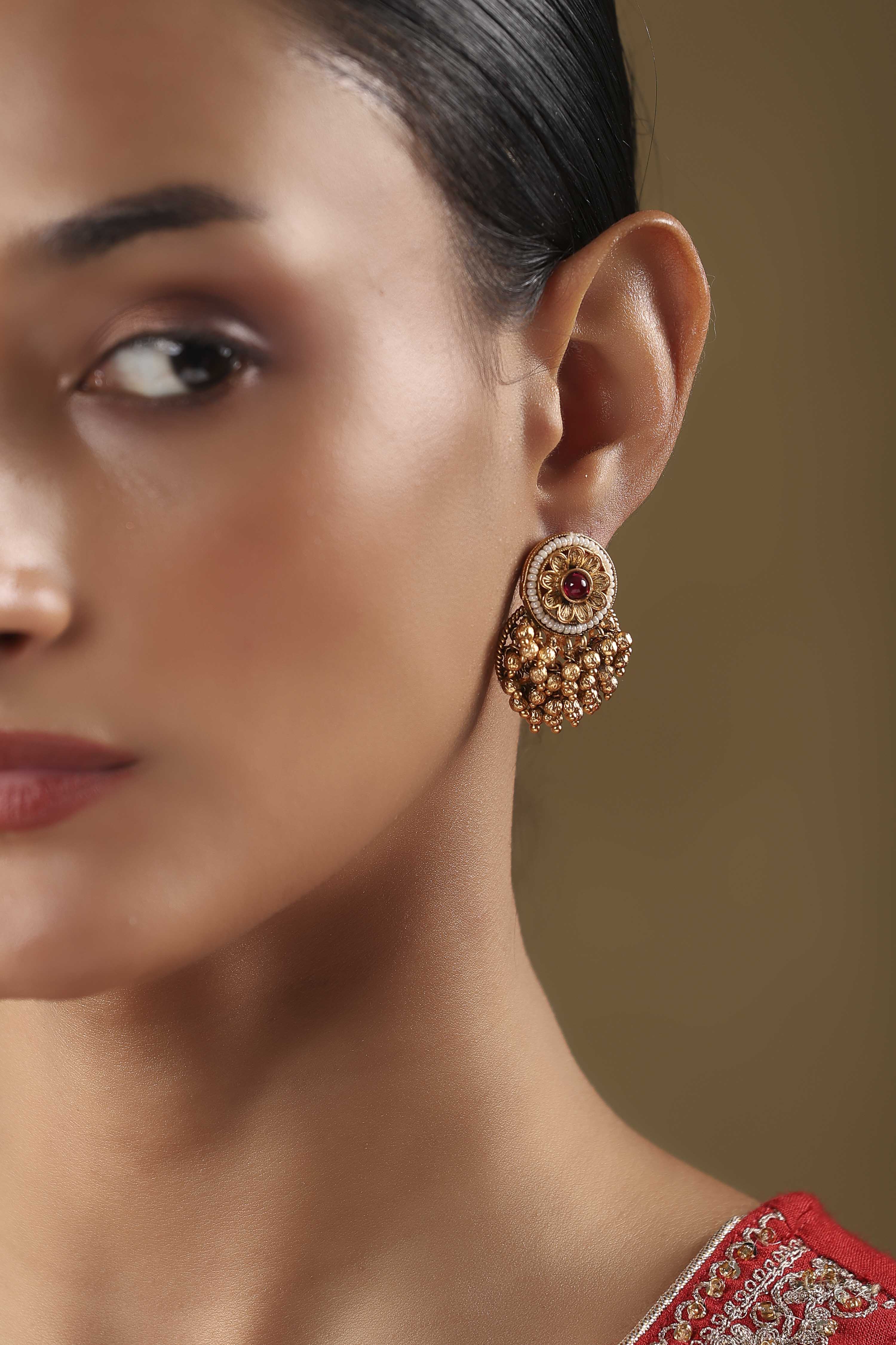 Red Gold Plated Alloy Floral Studded Drop Earrings image number 1